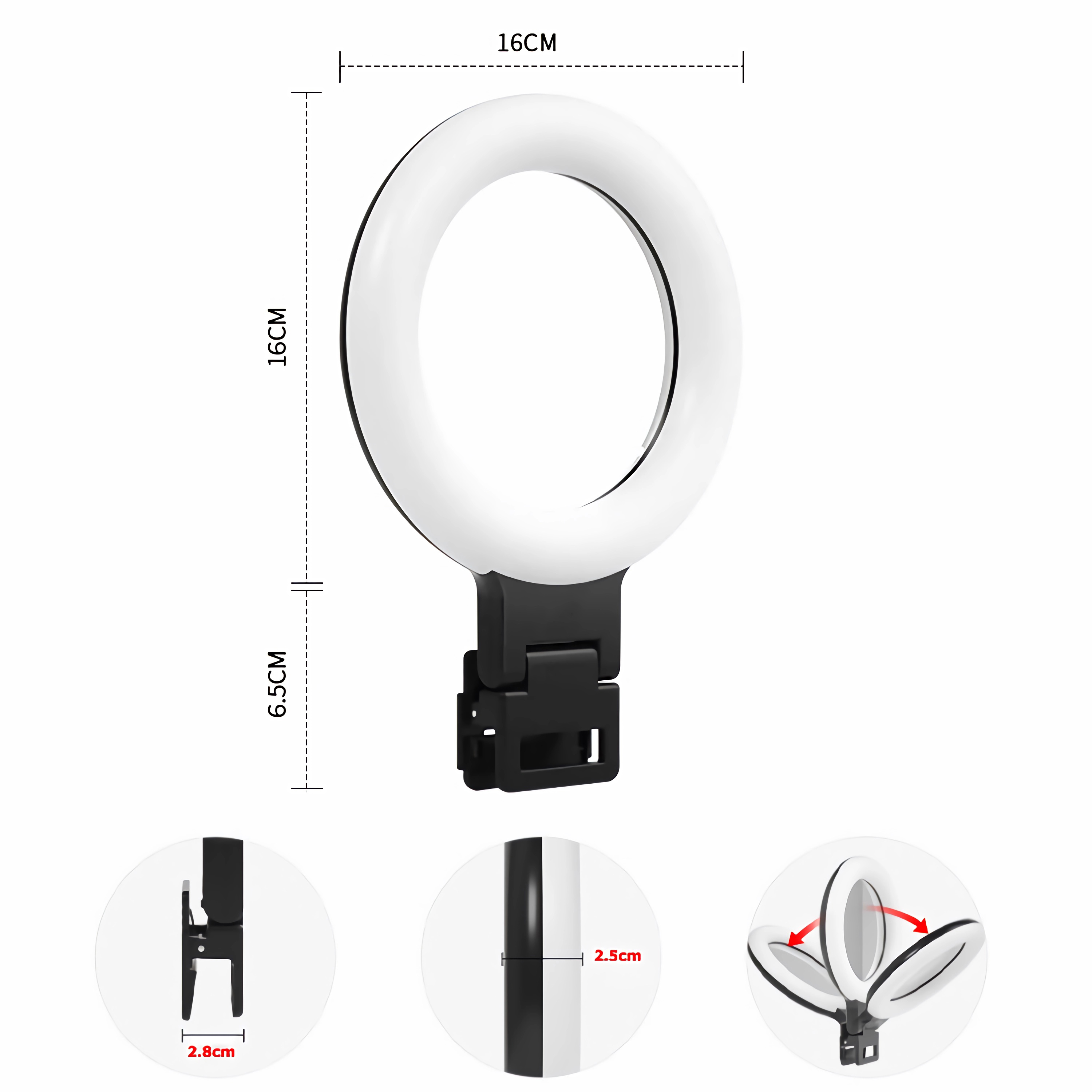 Ringlicht mit schwarzem Halter und Details, sowie Messbeschriftungen.