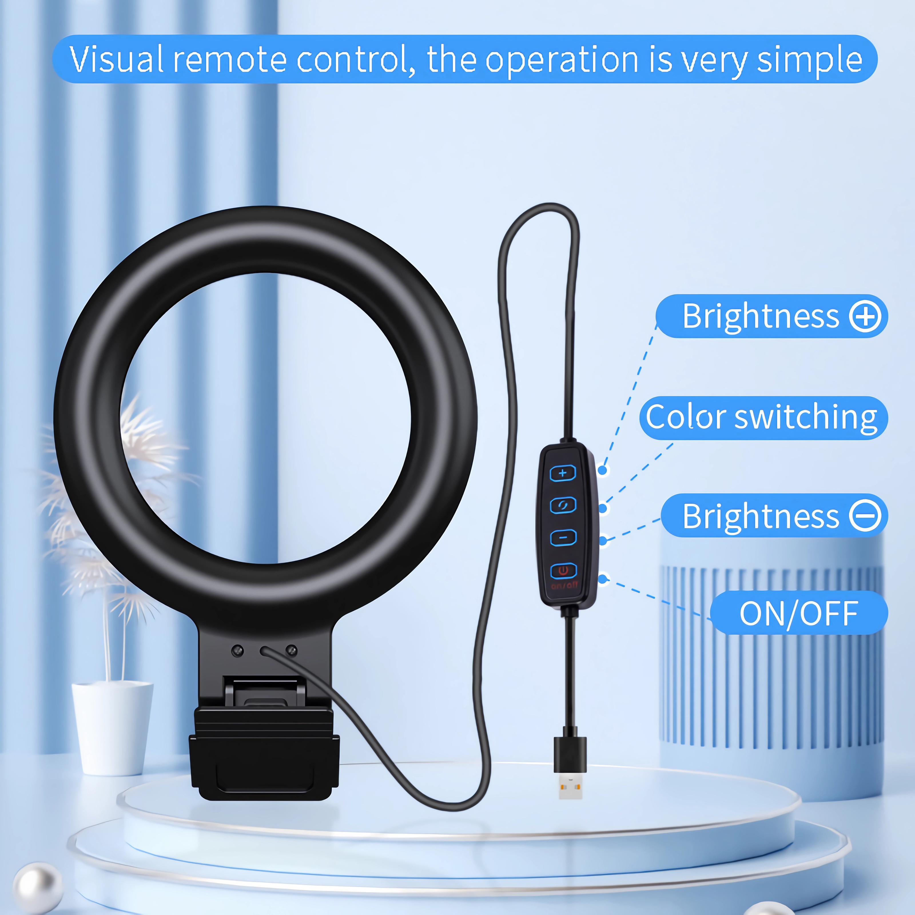 Schwarzes Ringlicht mit Helligkeits- und Farbsteuerungen. Es hat ein USB-Kabel. Blauer Hintergrund.