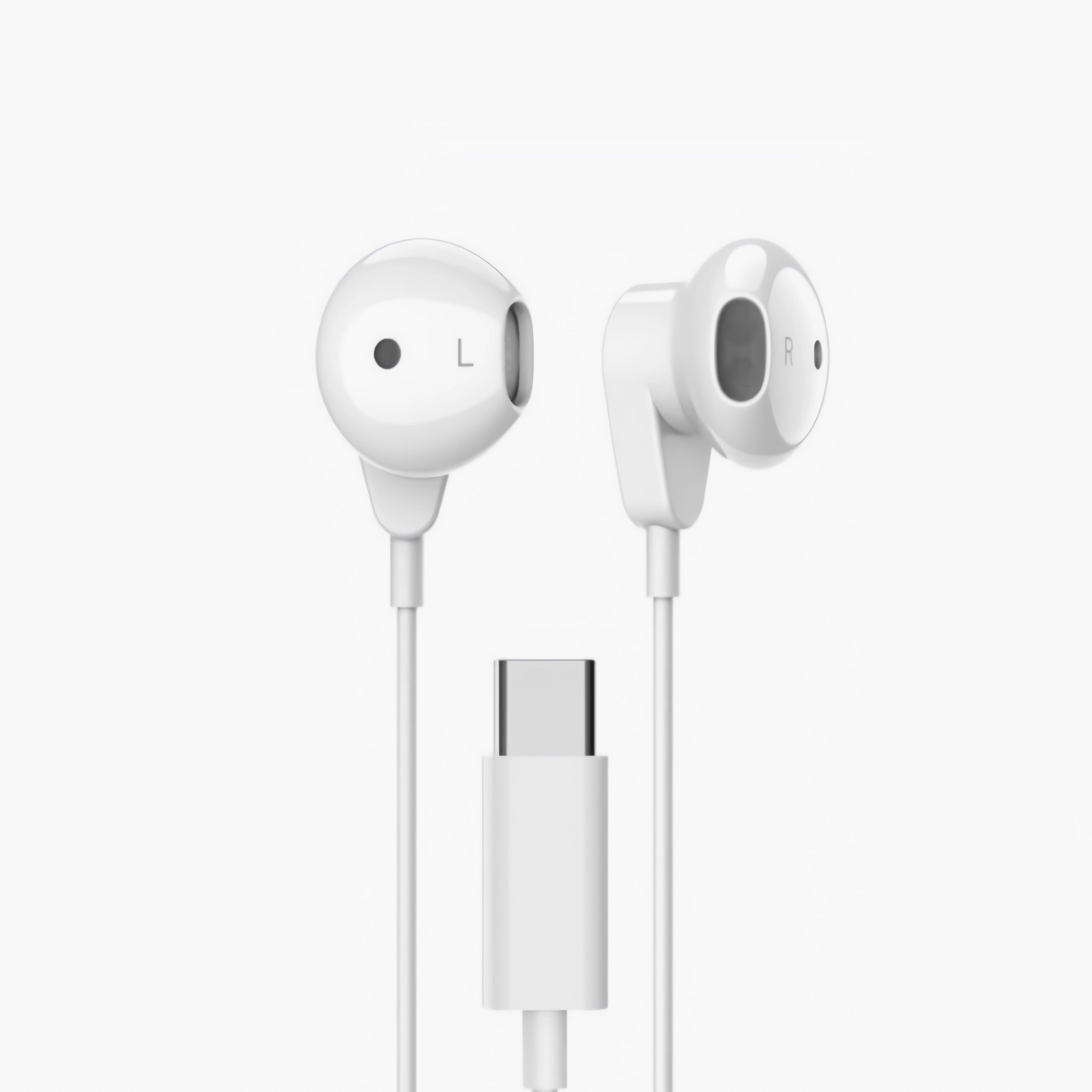 Zwei weiße Ohrhörer, die mit einem weißen Ladekabel verbunden sind. Das Kabel hat einen USB-C-Anschluss.