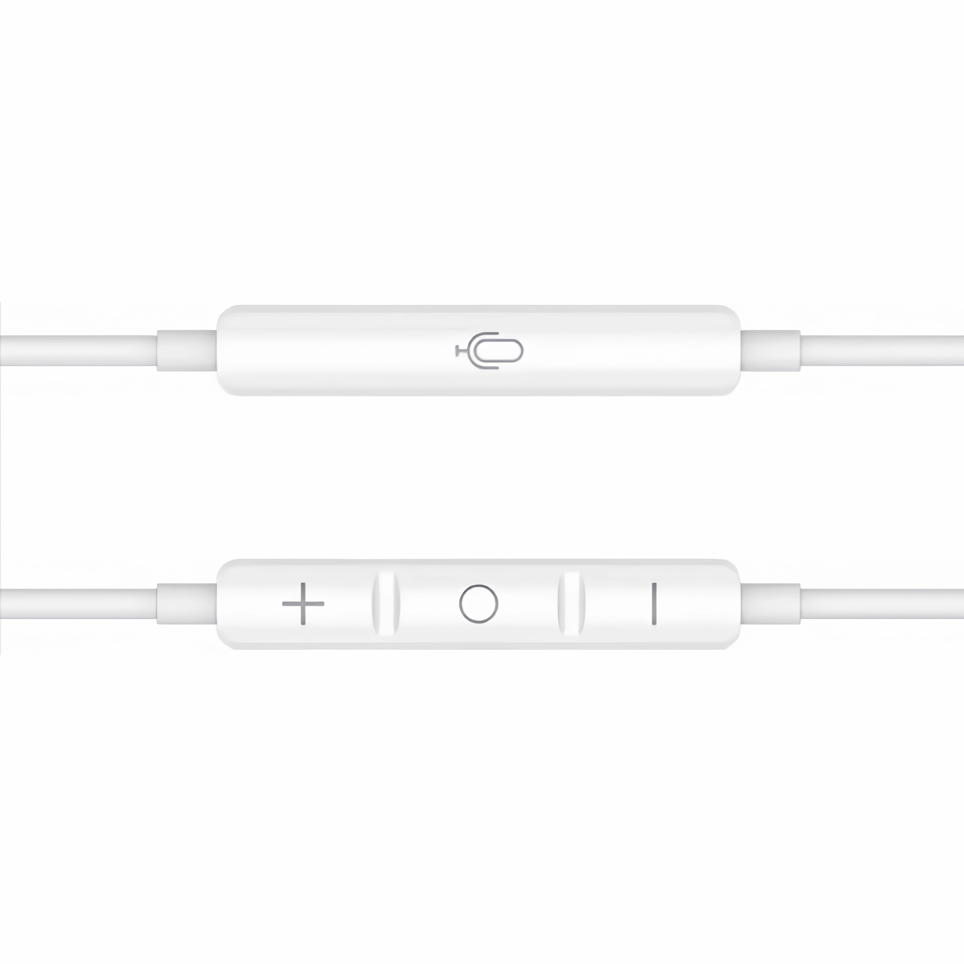 Weiße Kopfhörer-Steuerung mit Mikrofon und Lautstärketasten. Weißes Kabel. Weißer Hintergrund.