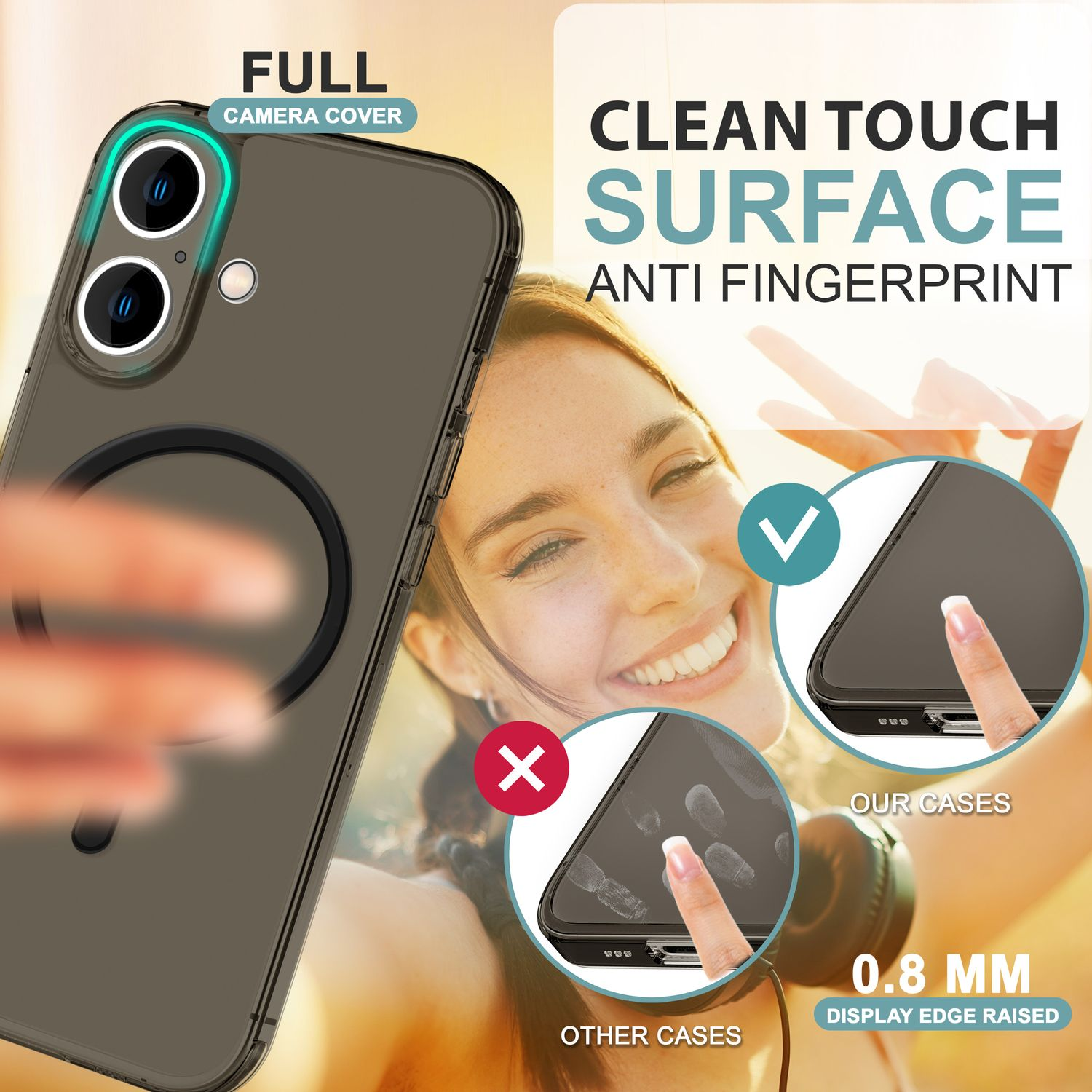 Eine Handyhülle mit Telefon, zeigt klare Oberfläche und Anti-Fingerabdruck-Funktion.