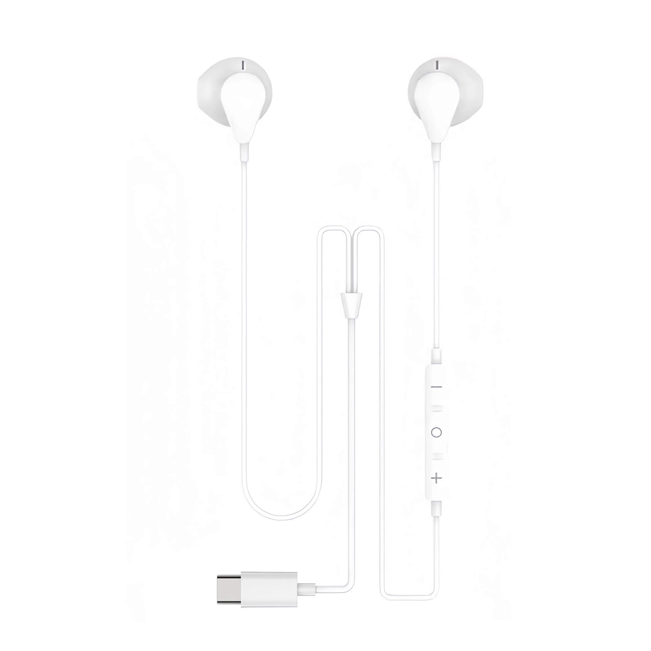 Weiße kabelgebundene Ohrhörer mit Kabel und USB-C-Anschluss. Der Hintergrund ist weiß.