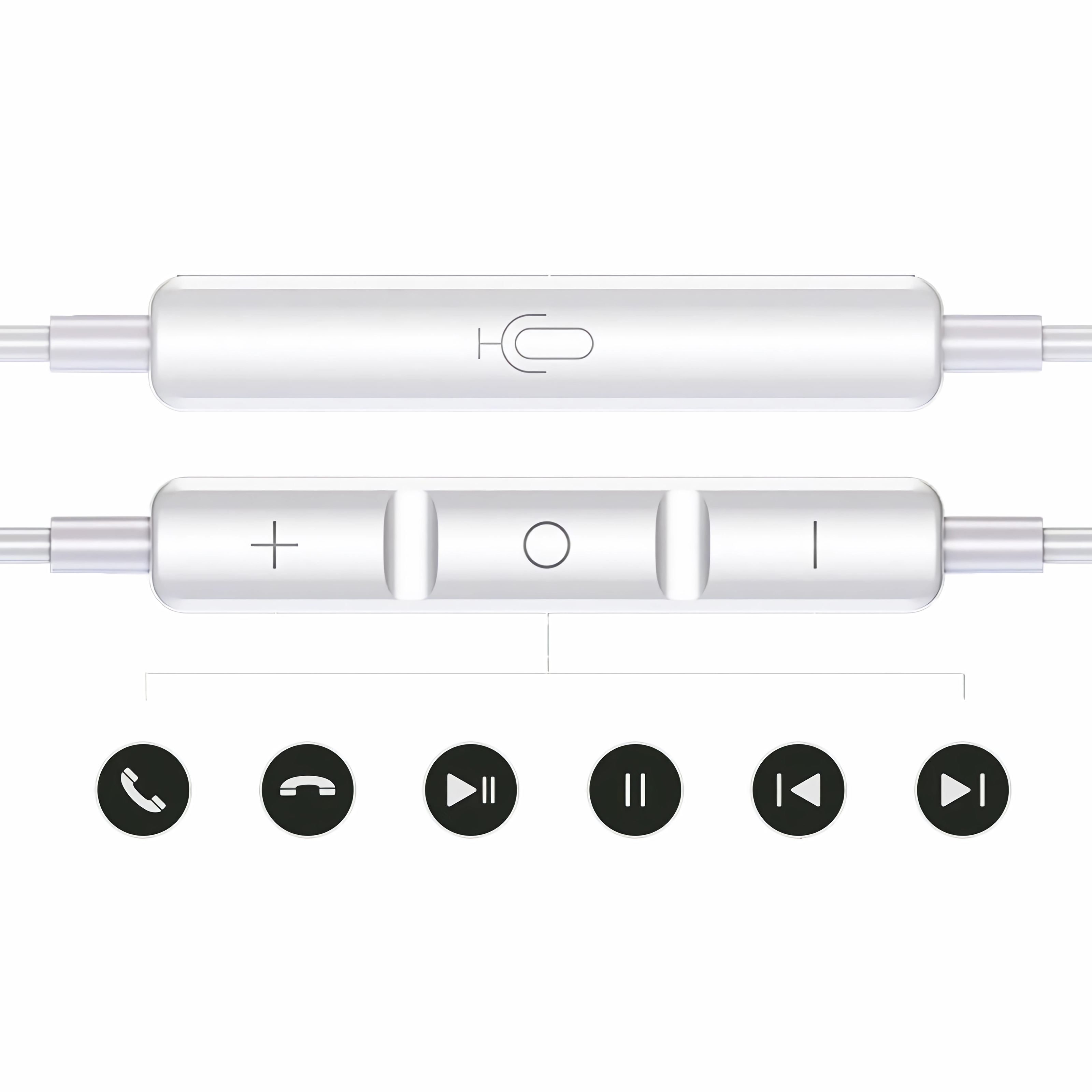 Weiße In-Ear-Kopfhörer mit Fernbedienung. Tasten für Lautstärke, Wiedergabe/Pause und Anrufe werden angezeigt.