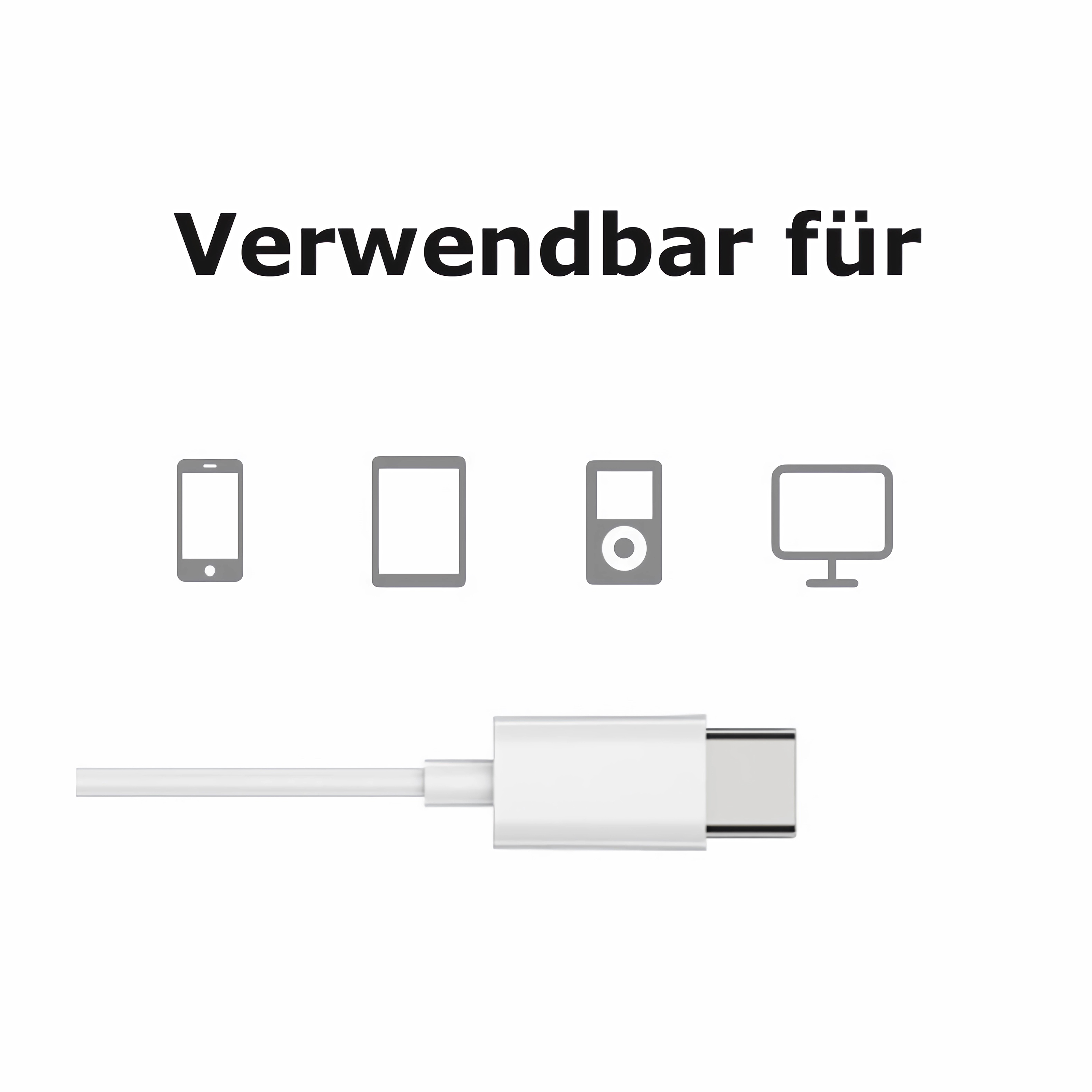 Ein weißes USB-C-Kabel mit Stecker, der zum Betrachter zeigt. Der Text 