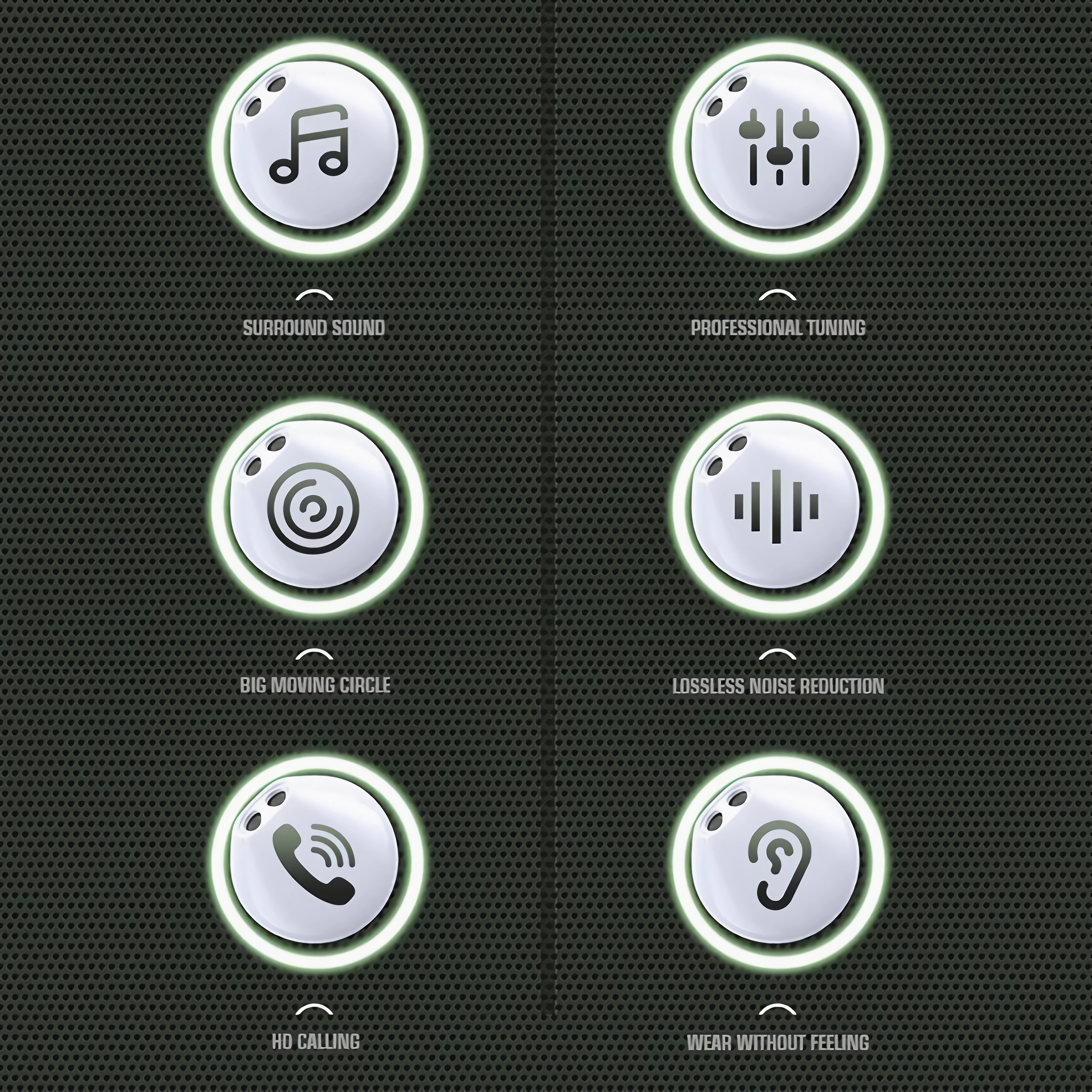 Sechs Icons mit grünem Kreis, auf dunklem Hintergrund.