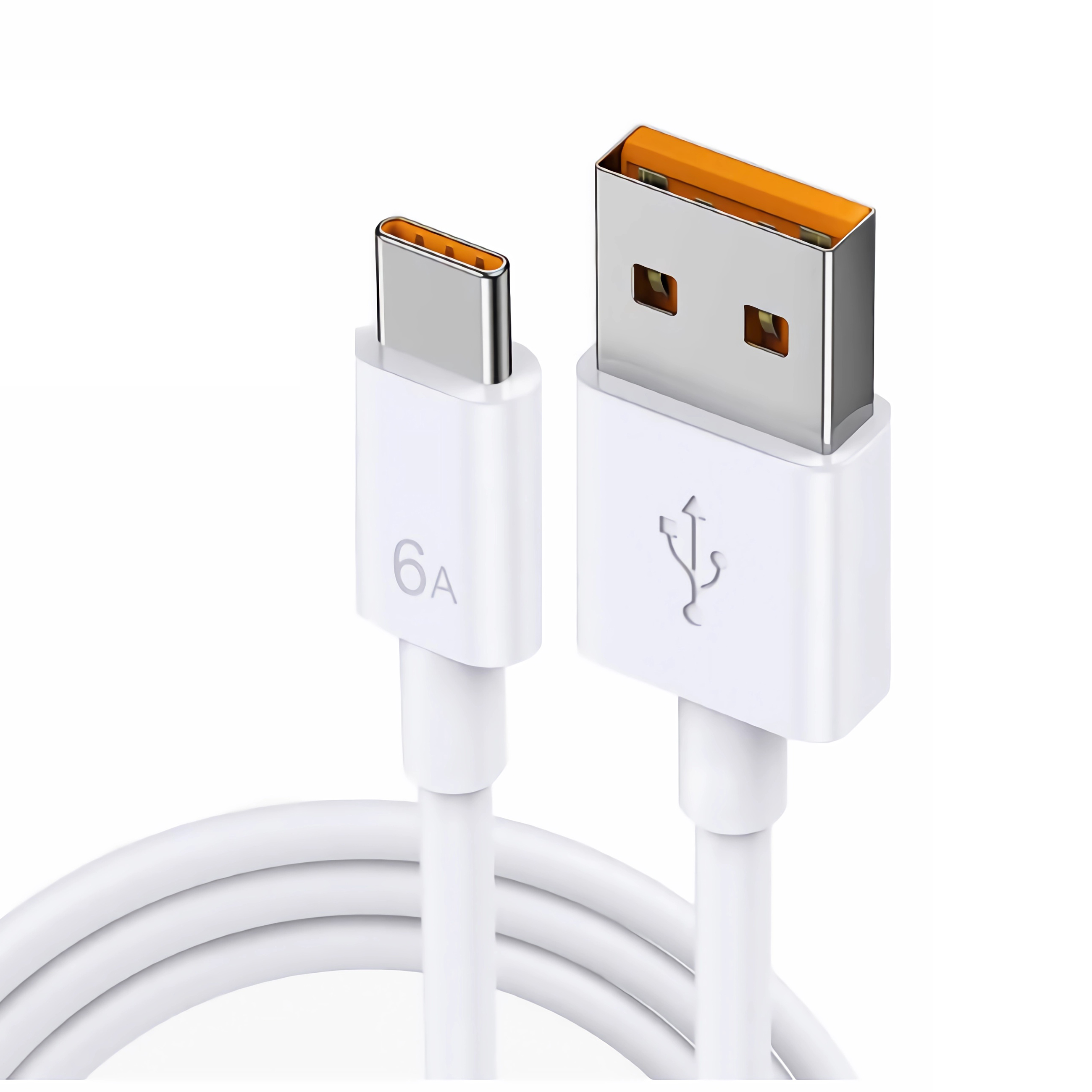 Ein weißes USB-Kabel mit einem USB-C- und einem Standard-USB-Anschluss mit orangenen Spitzen.