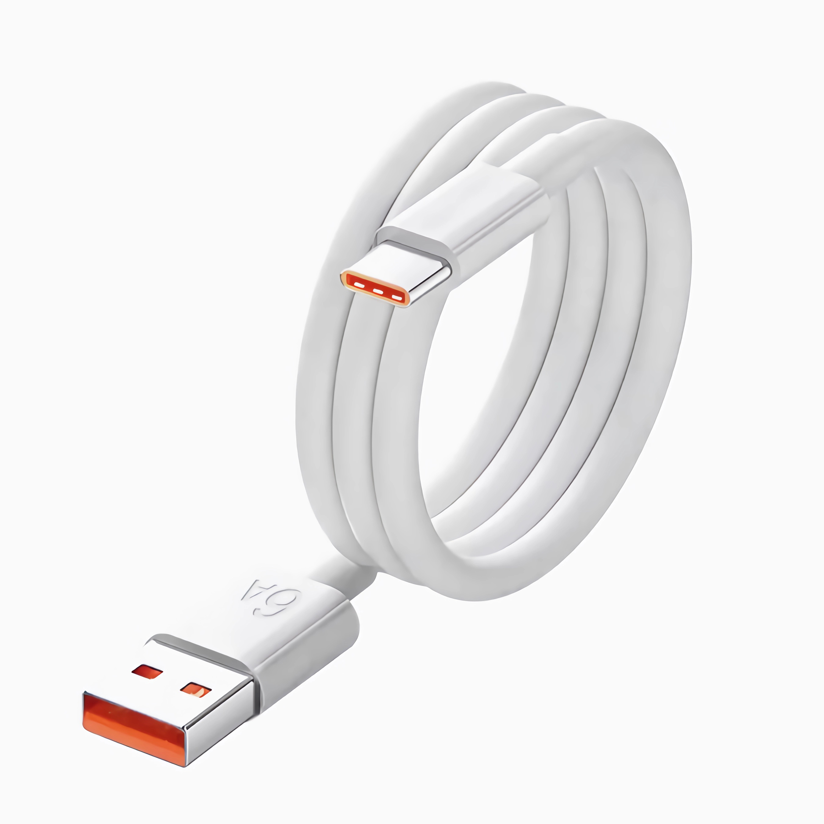 Weißes USB-C-Kabel mit weißem Gehäuse und orangefarbenen Steckern.