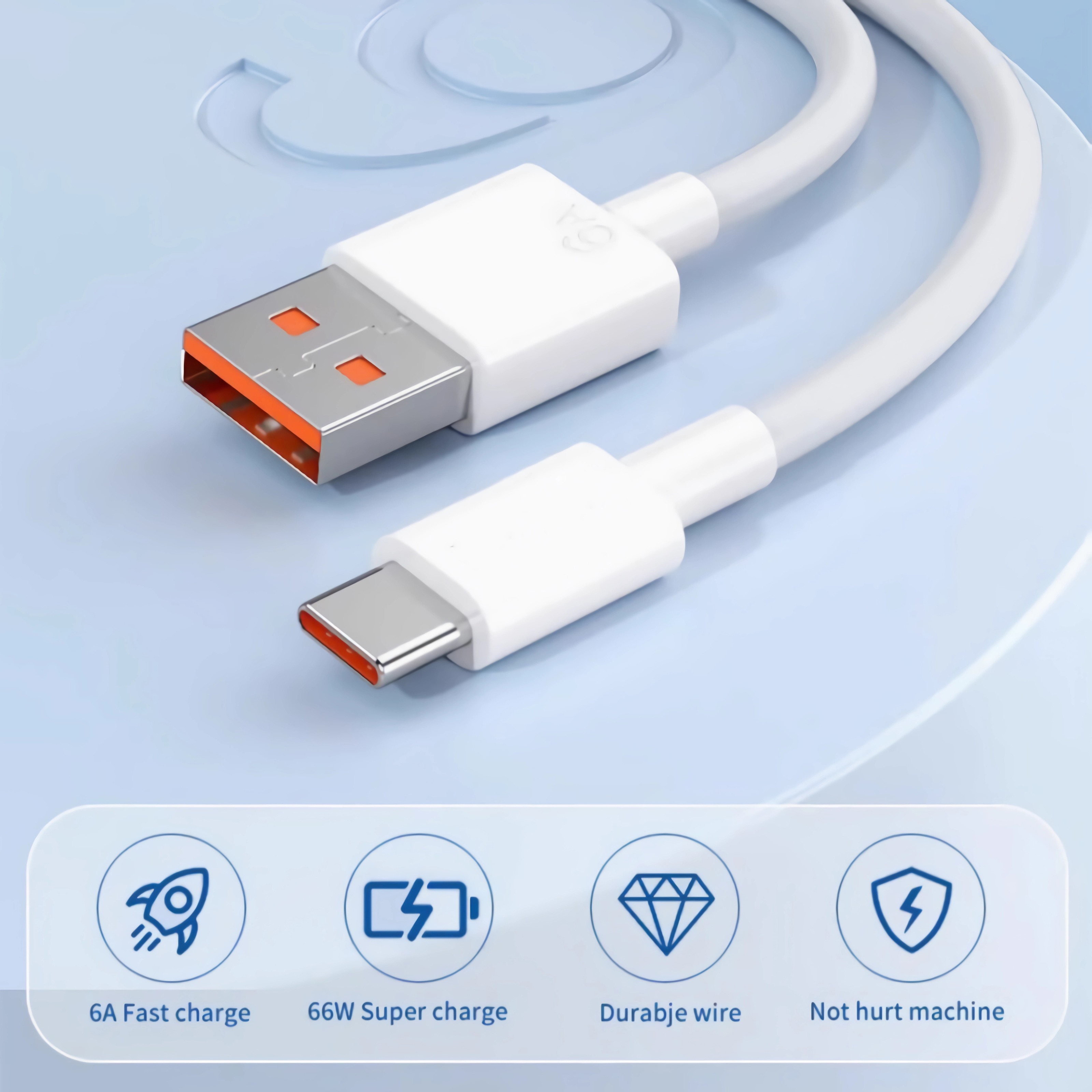 Weißes USB-Kabel mit orangen Details und Symbolen für Schnellladefunktionen.