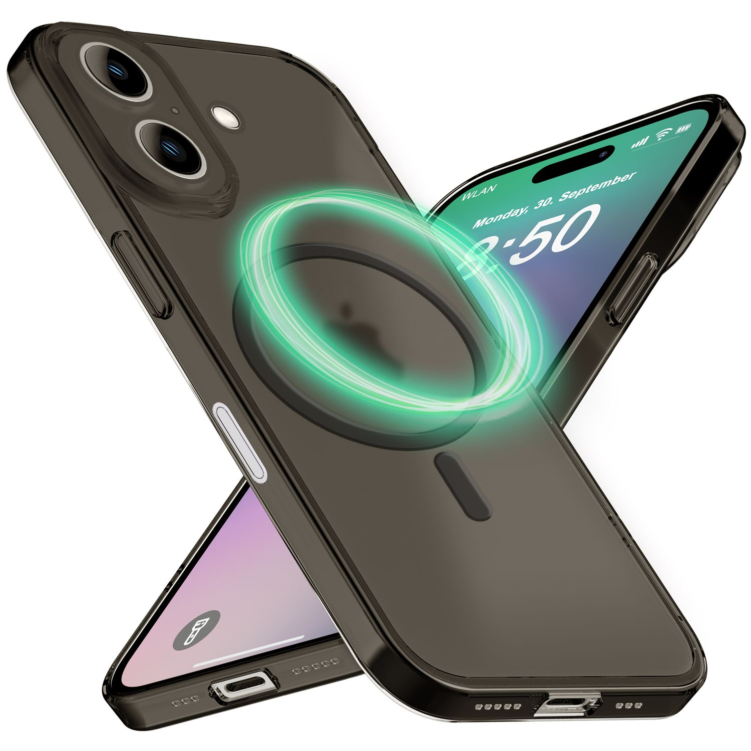 Zwei Telefone mit Hüllen. Eines ist eine dunkle Hülle mit einem hellgrünen Kreis.