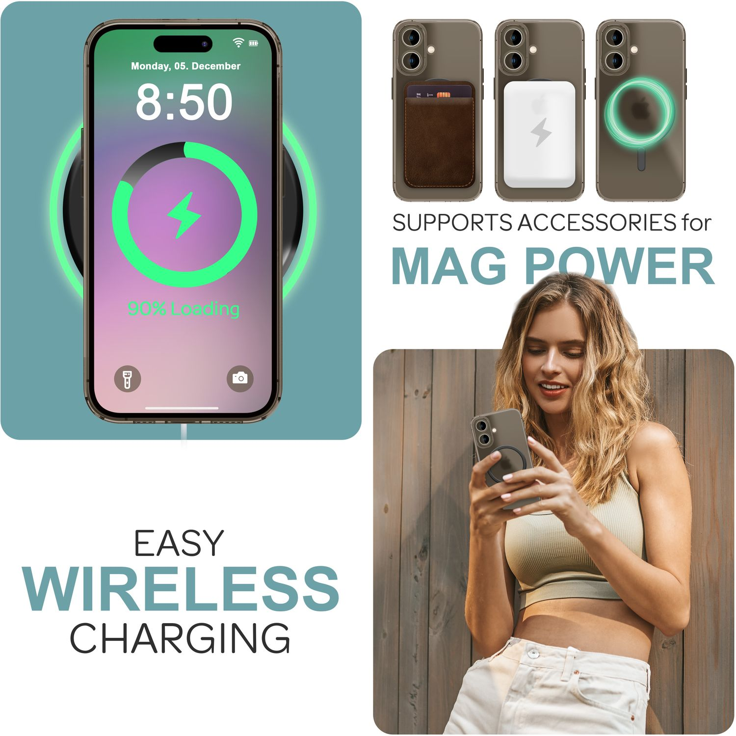 Kabelloses Lade-Setup mit iPhone. Telefon auf Ladegerät, Frau hält Telefon, Zubehör für Mag Power.