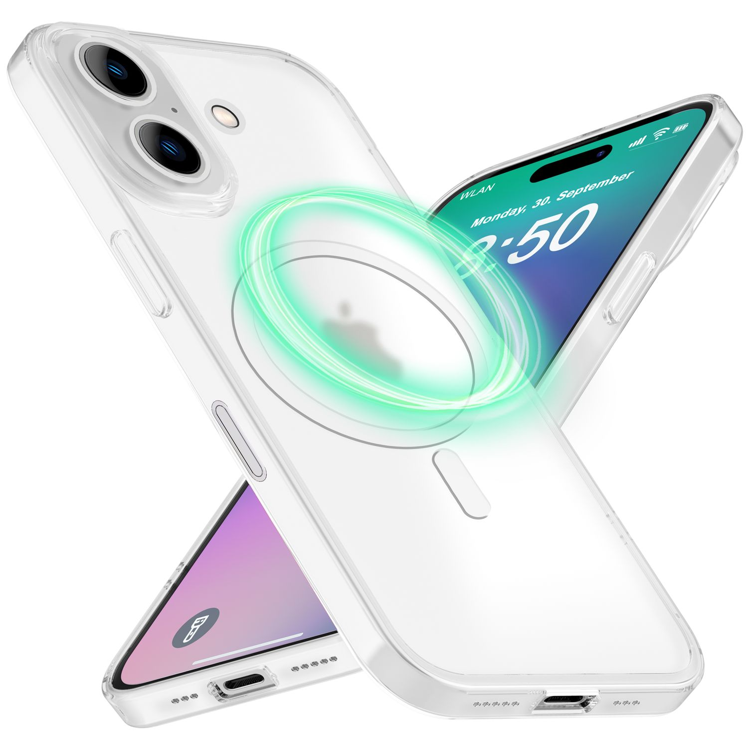 Transparente Handyhüllen mit Telefonen darin, die den Bildschirm und einen kreisförmigen Lichteffekt zeigen.
