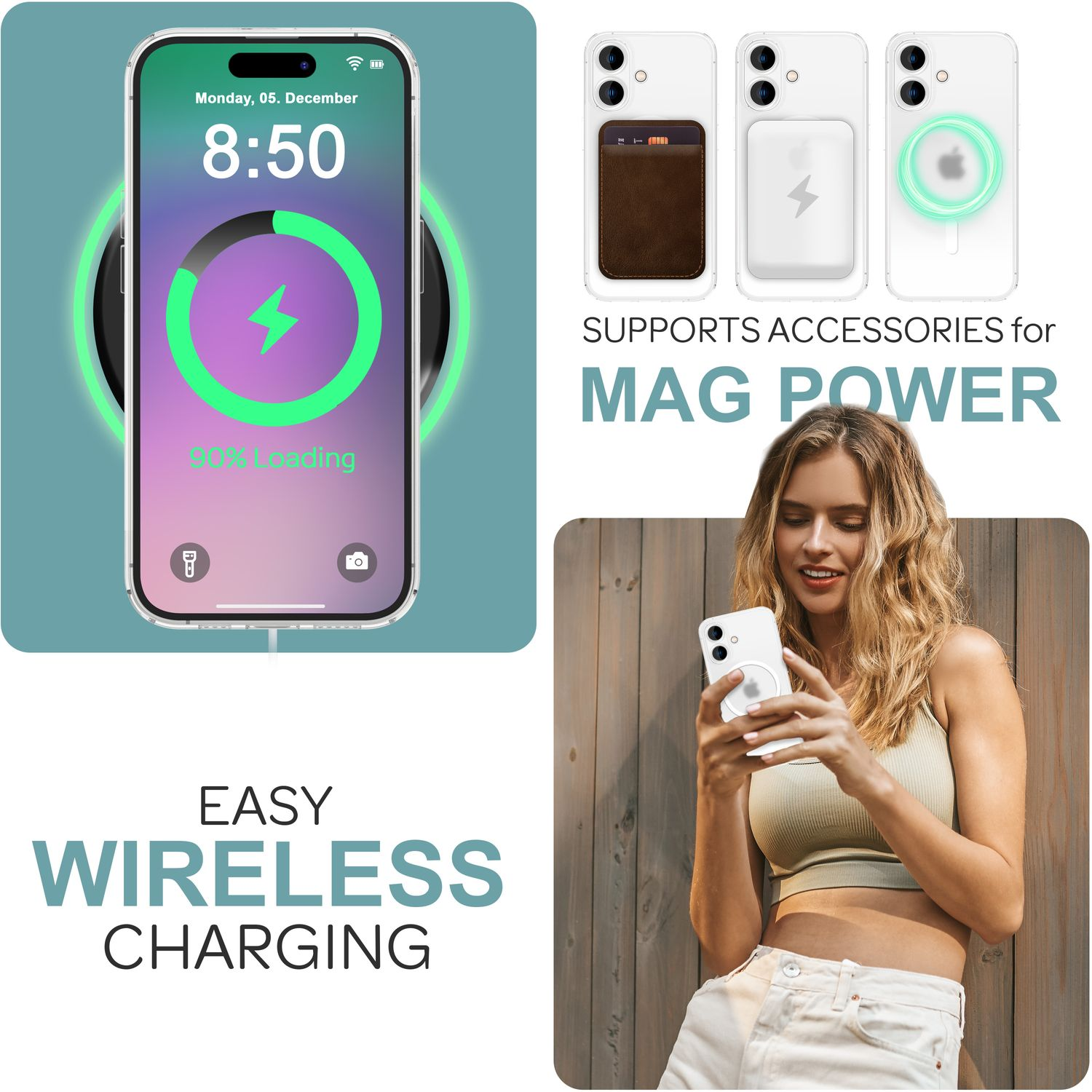 Telefon auf kabellosem Ladegerät zeigt Laden an. Frau hält Telefon. Text: 'Easy Wireless Charging'.