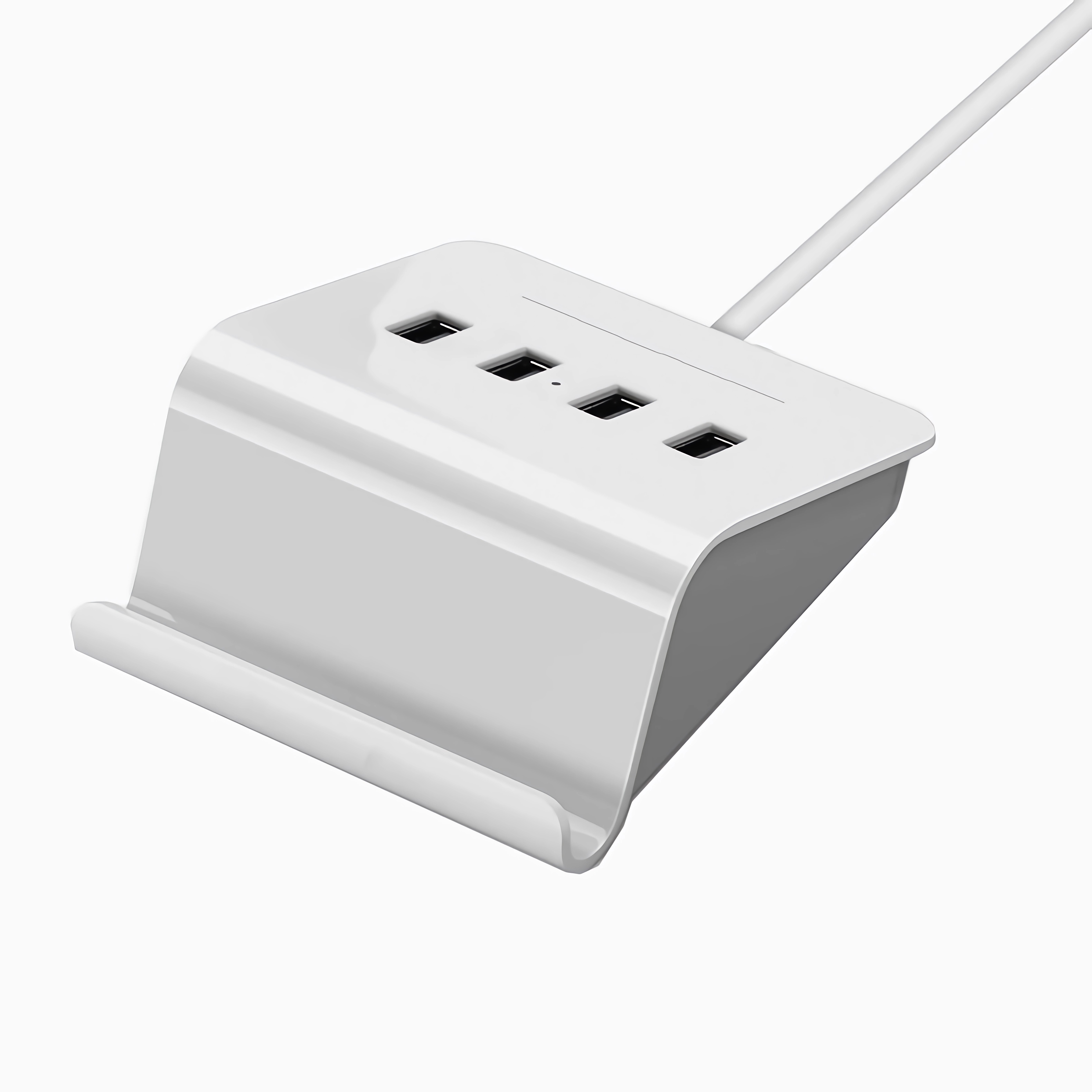 Eine weiße Ladestation mit 3 USB-Anschlüssen und einem weißen Kabel. Die Station hat einen Ständer für ein Telefon.