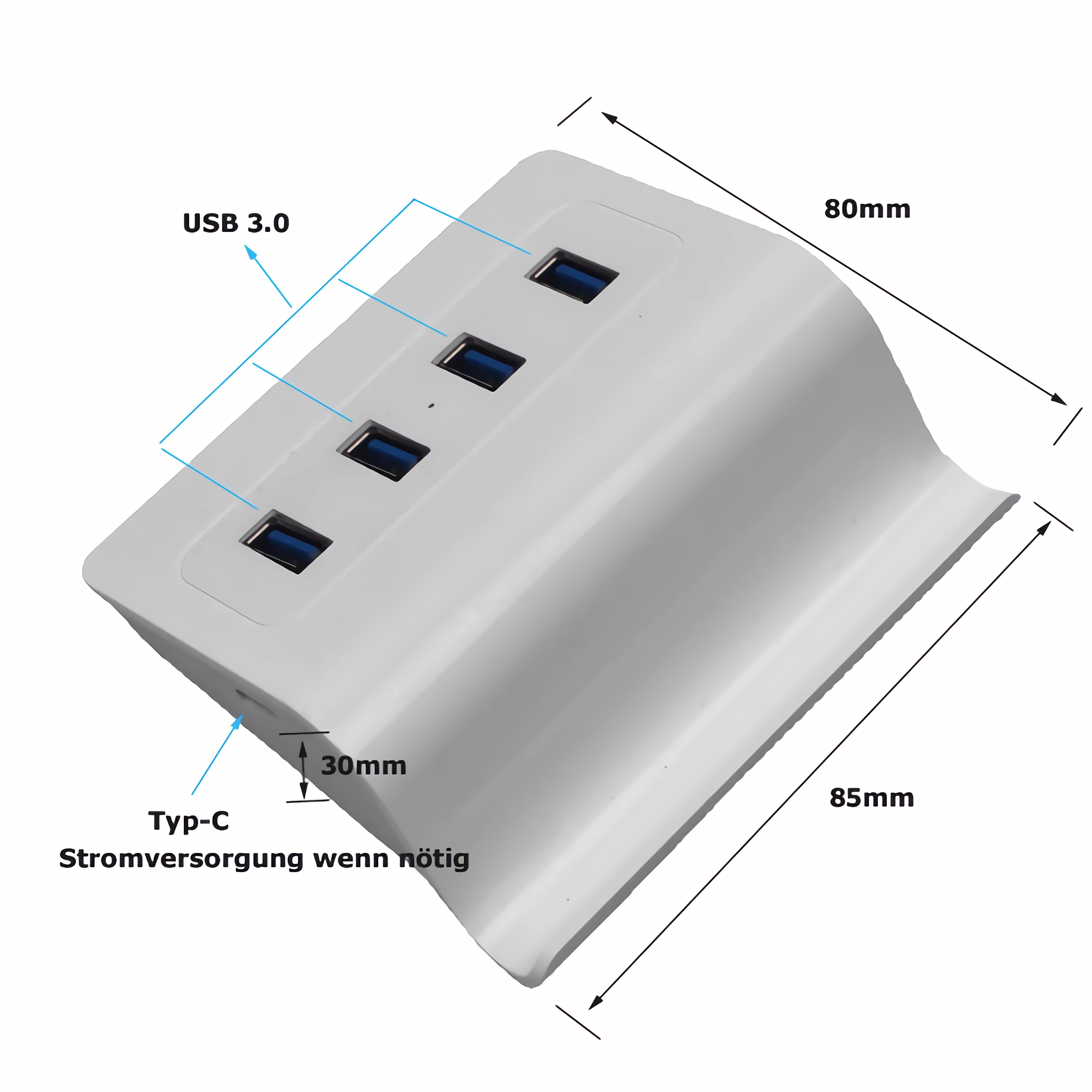 Ein weißer USB-Hub mit 4 USB 3.0-Anschlüssen und einem Typ-C-Stromversorgungseingang auf weißem Hintergrund.