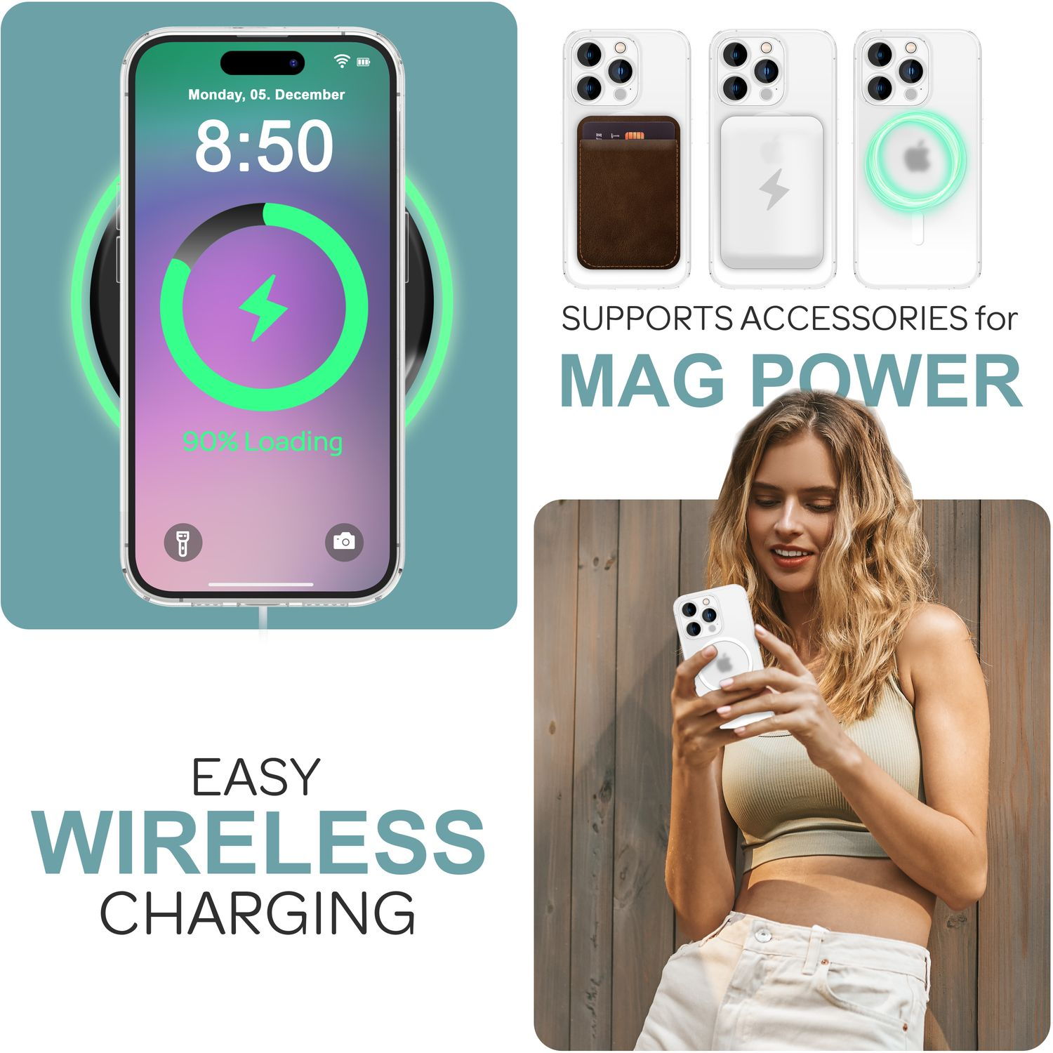 Un telefono su un pad di ricarica e una donna che tiene in mano un telefono. Sono raffigurati anche accessori per Mag Power.