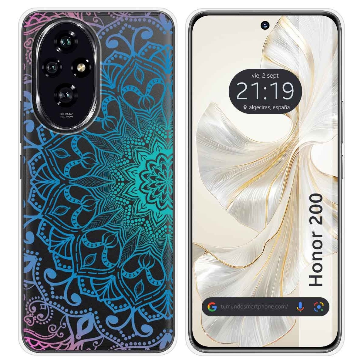 Teléfono con funda mandala. Diseño azul, turquesa y morado en la funda. Patrón decorativo.