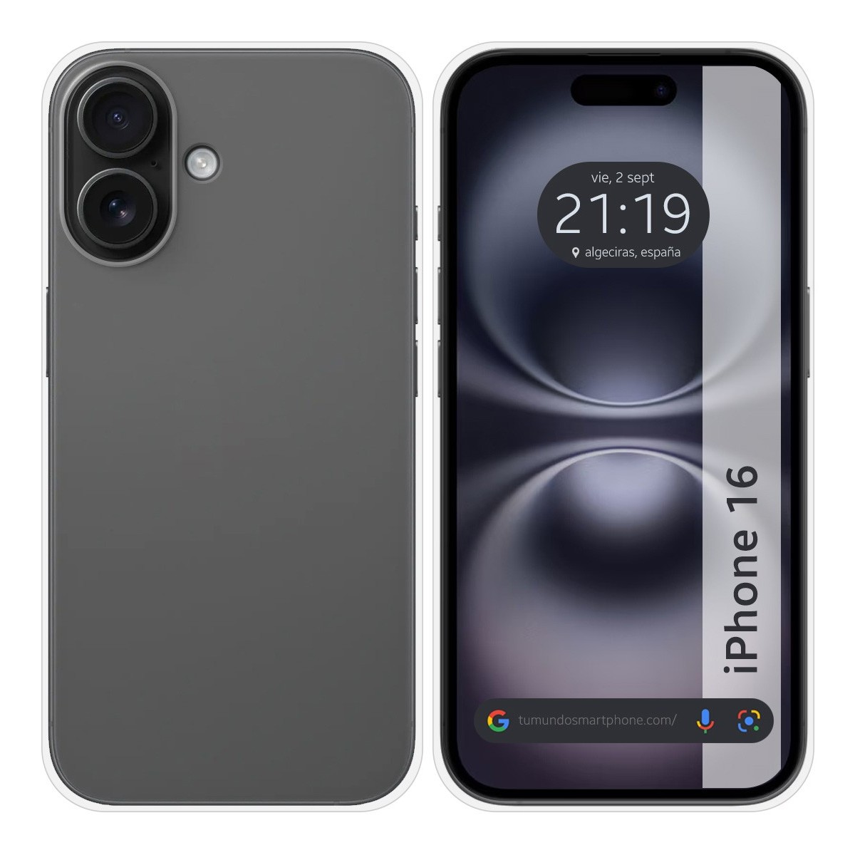Custodia grigia per iPhone 16. Il telefono mostra l'ora e la data. La custodia è a sinistra.