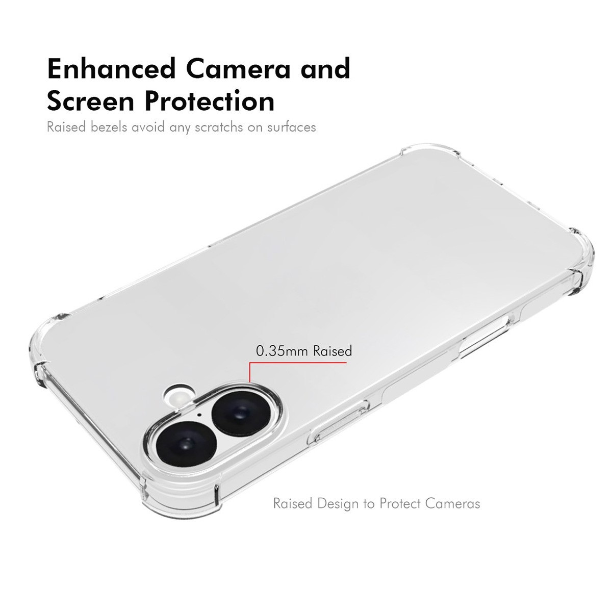 Custodia trasparente per telefono. Testo 'Enhanced Camera and Screen Protection'. Bordi rialzati visibili.
