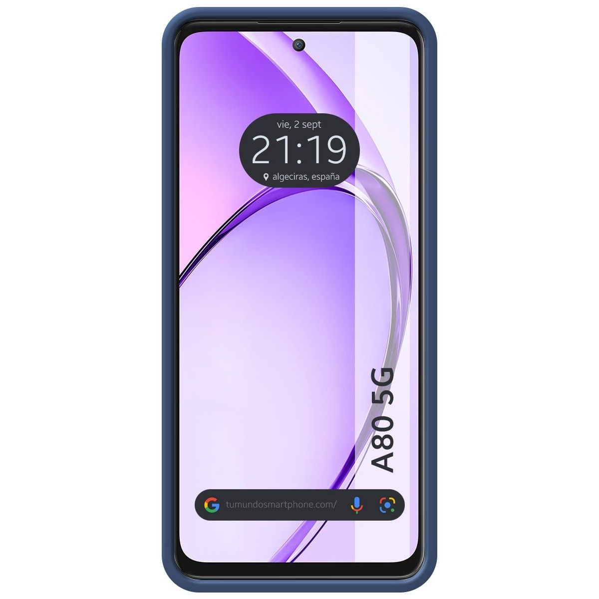 Custodia per telefono blu. Il telefono mostra data e ora. Lo schermo mostra sfondo viola.