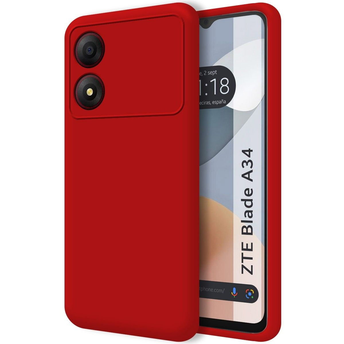 Un telefono rosso in una custodia rossa, con le parole ZTE Blade A34 sullo schermo.