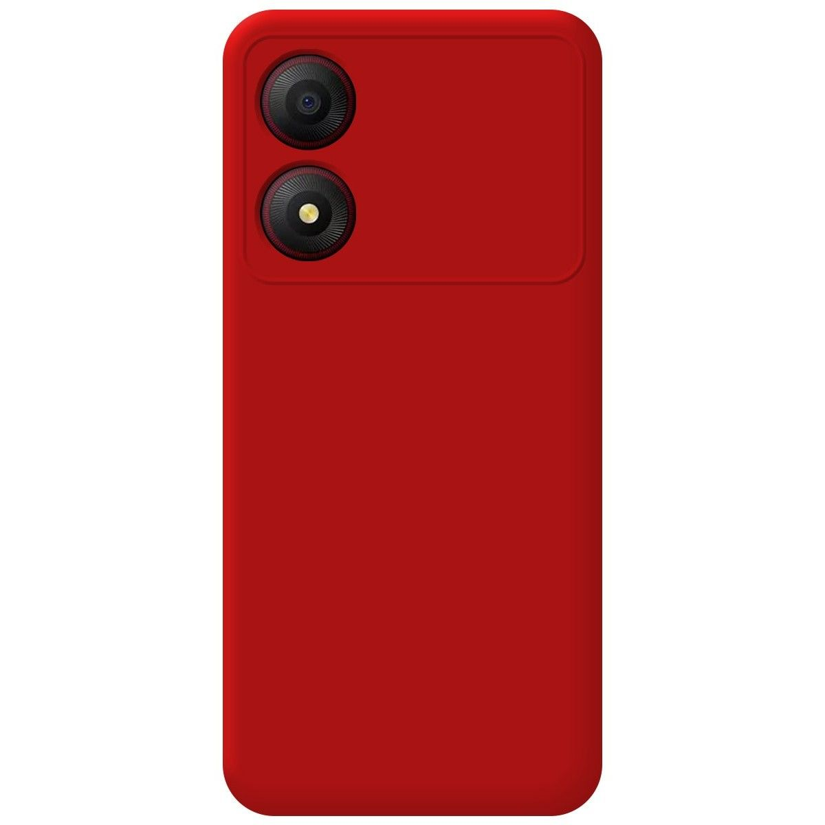 Custodia rossa per telefono con due lenti della fotocamera. Il retro del telefono è rosso.
