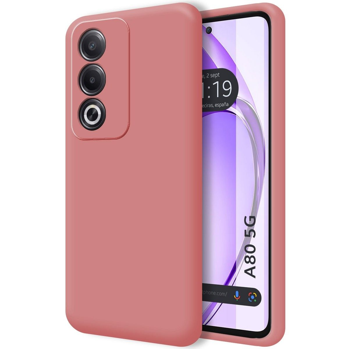Una cover per telefono di colore rosa pastello. La fotocamera e lo schermo del telefono sono visibili.