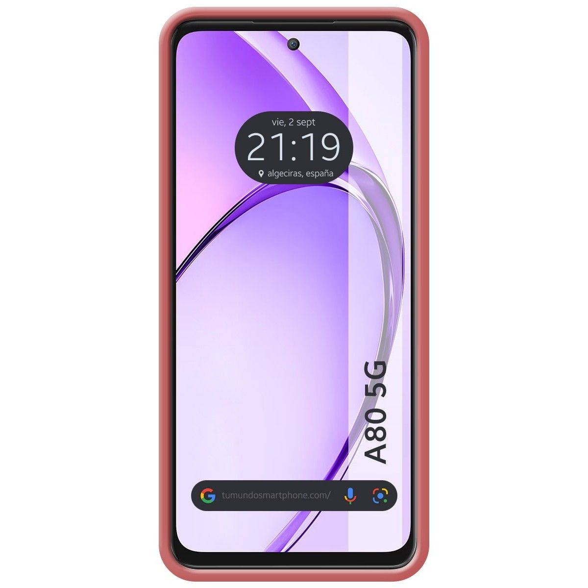 Una custodia rosa con un telefono all'interno, che mostra la data e l'ora sullo schermo.