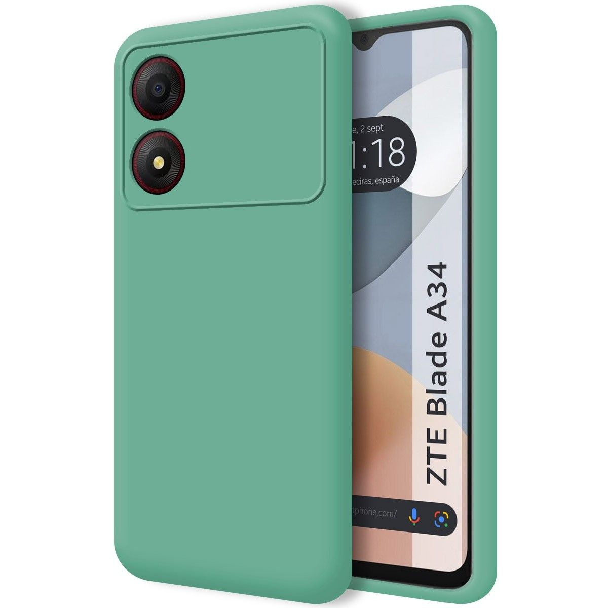 Due custodie per telefono. La prima è una custodia verde. La seconda è un telefono con schermo.