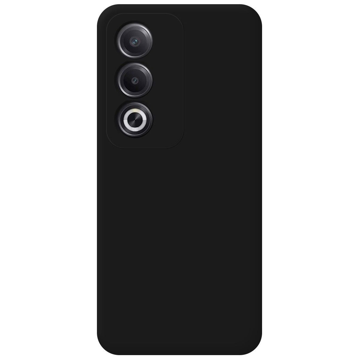 Telefono nero con tre fotocamere posteriori. Design semplice. Sfondo nero.