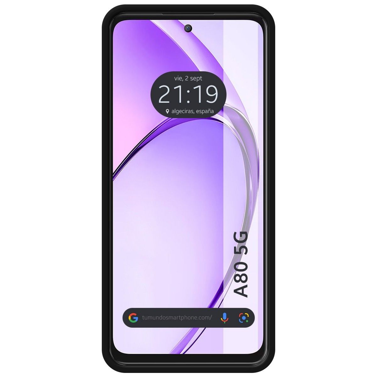 Un telefono nero con un grande schermo che mostra l'ora e la data, isolato su bianco.