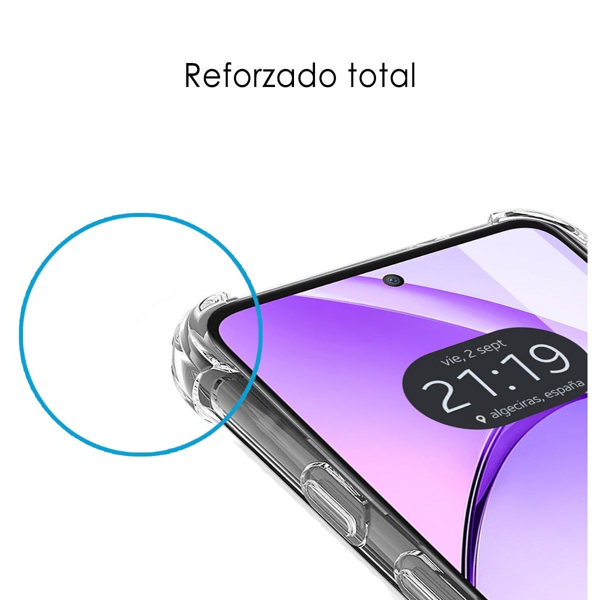 Telefono protetto da una custodia trasparente. Angoli rinforzati. Aspetto trasparente.