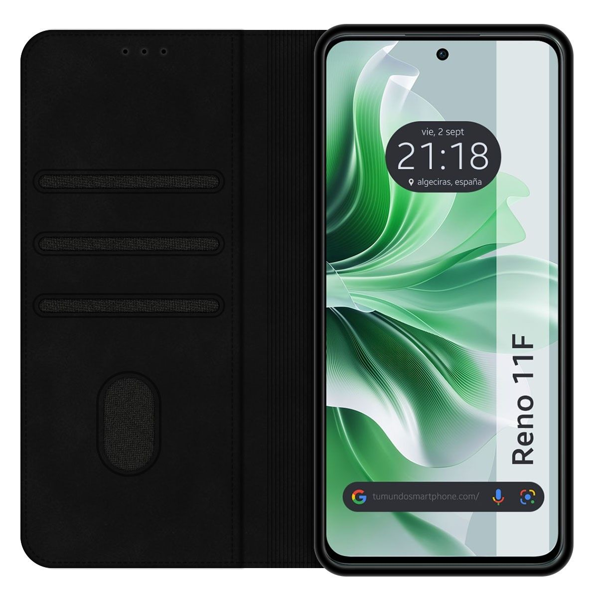 Una custodia per telefono nera aperta. Lo schermo del telefono mostra un design astratto verde e bianco, e l'ora.