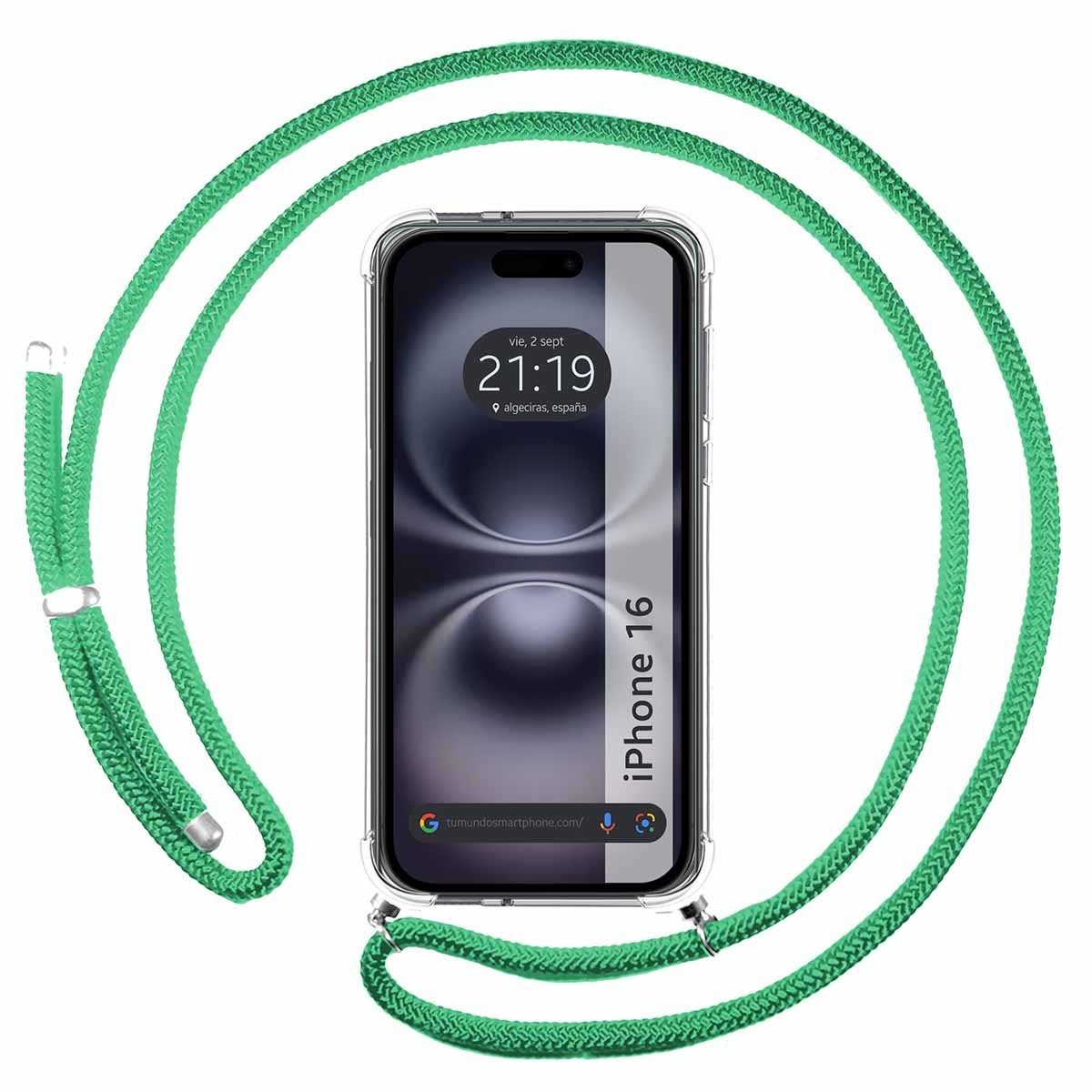 Cinturino verde per telefono con custodia trasparente. Il telefono mostra l'ora e la posizione.