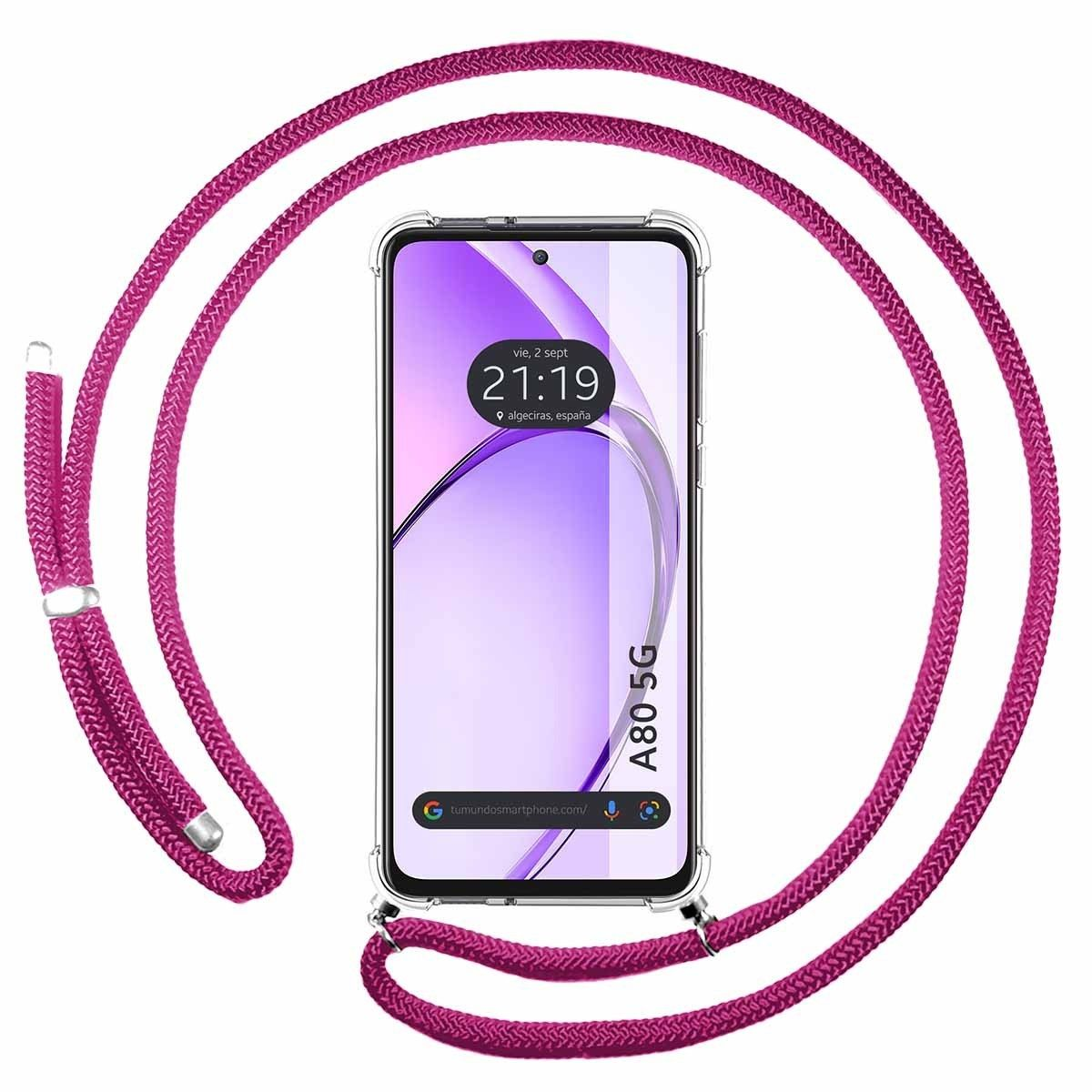 Smartphone in custodia trasparente con cordino rosa.