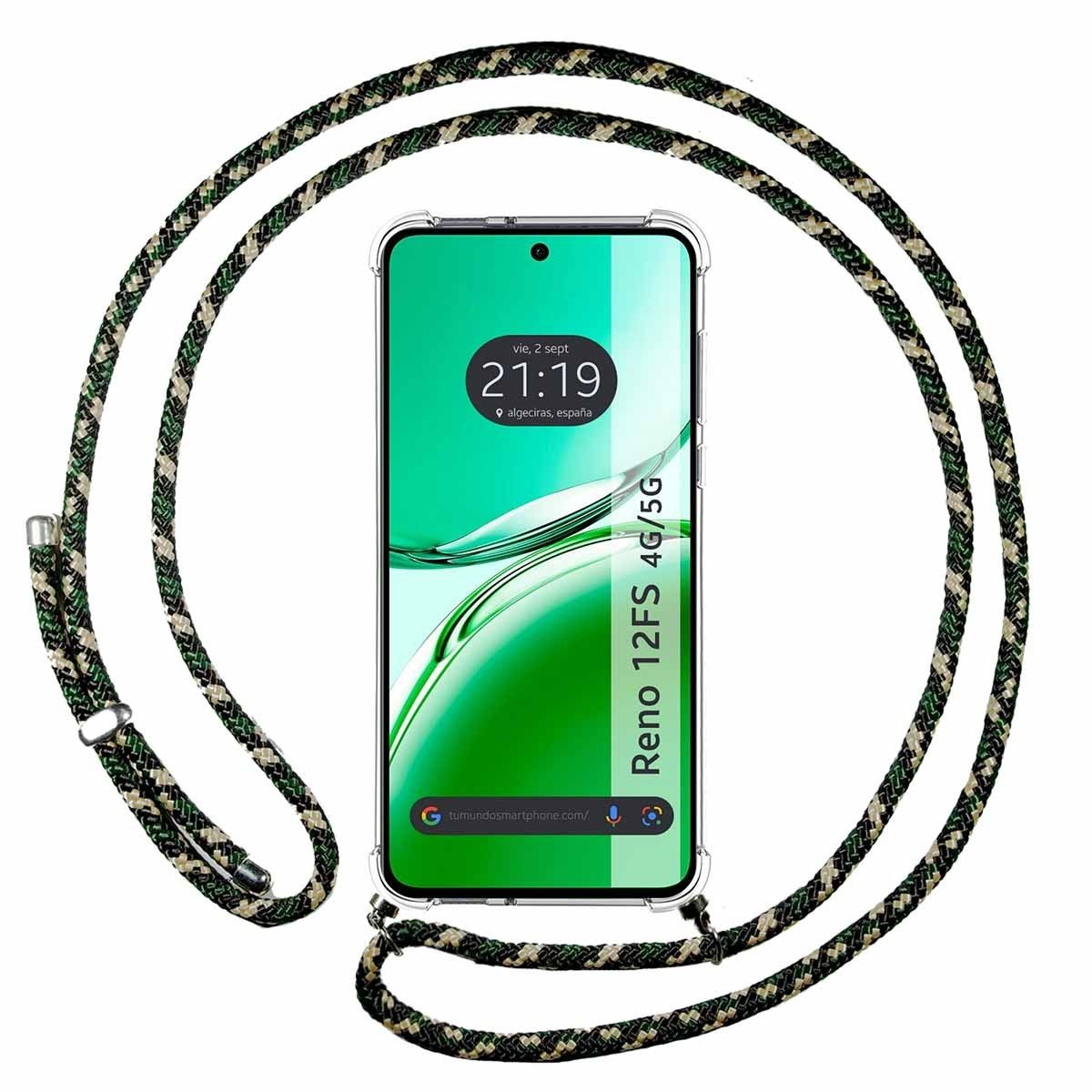 Una custodia per telefono con un cinturino verde e nero. Lo schermo del telefono mostra l'ora e la data e il testo