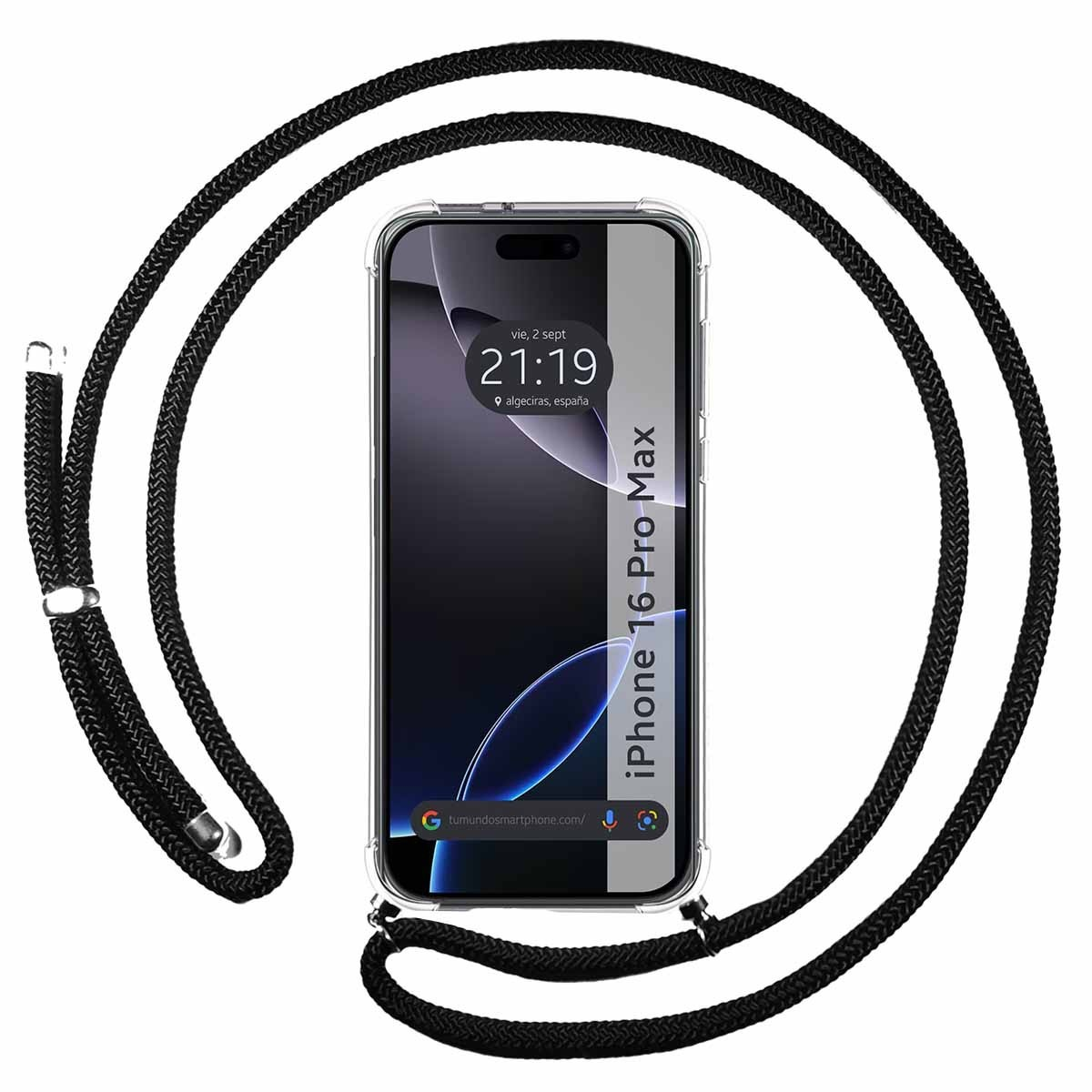 Telefono con custodia nera con cordino, visualizza l'ora, su sfondo bianco.