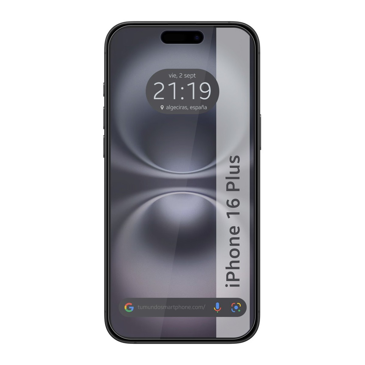 Telefono con data/ora, striscia bianca e il testo iPhone 16 Plus.
