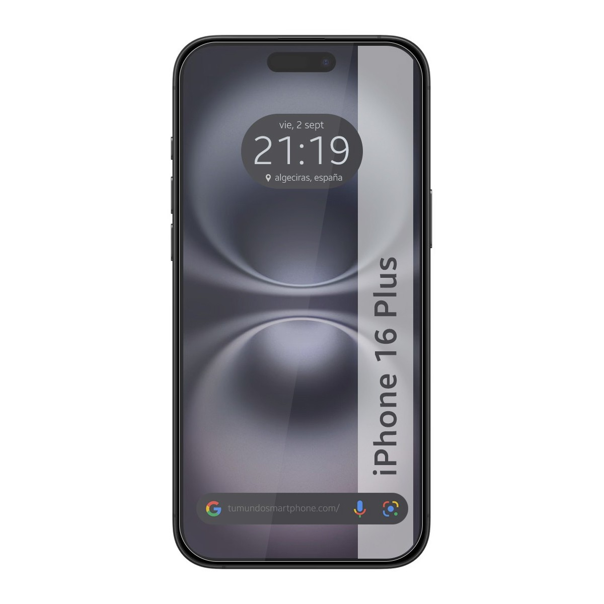 Smartphone su superficie bianca con ora e posizione, testo iPhone 16 Plus sul lato.