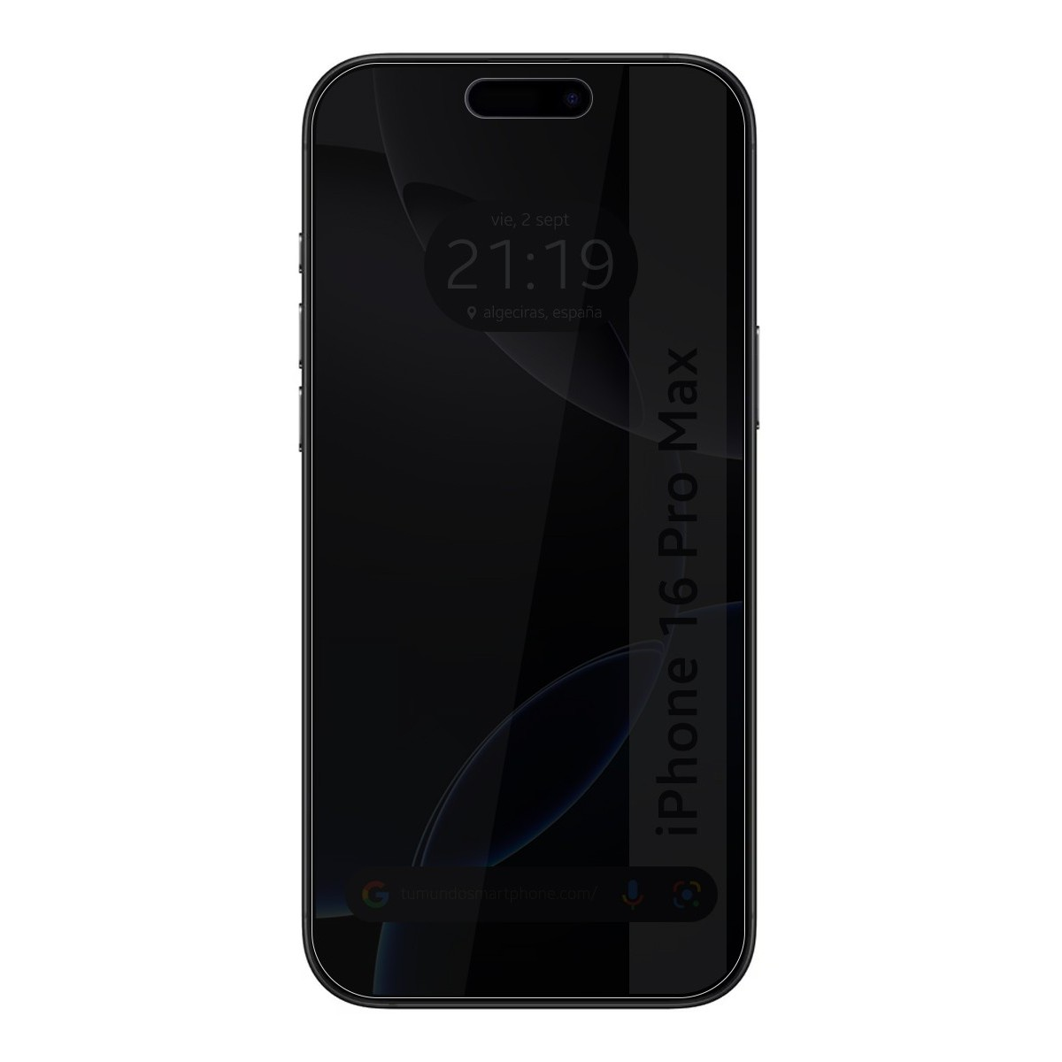 Pantalla de smartphone negra con la hora 21:19, con 'iPhone 16 Pro Max'.