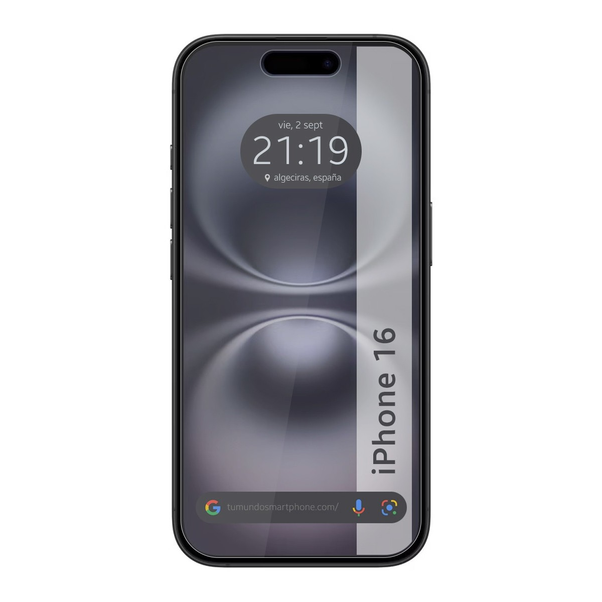 iPhone 16 Pro Max. Display mostra ora e luogo. Telefono nero.