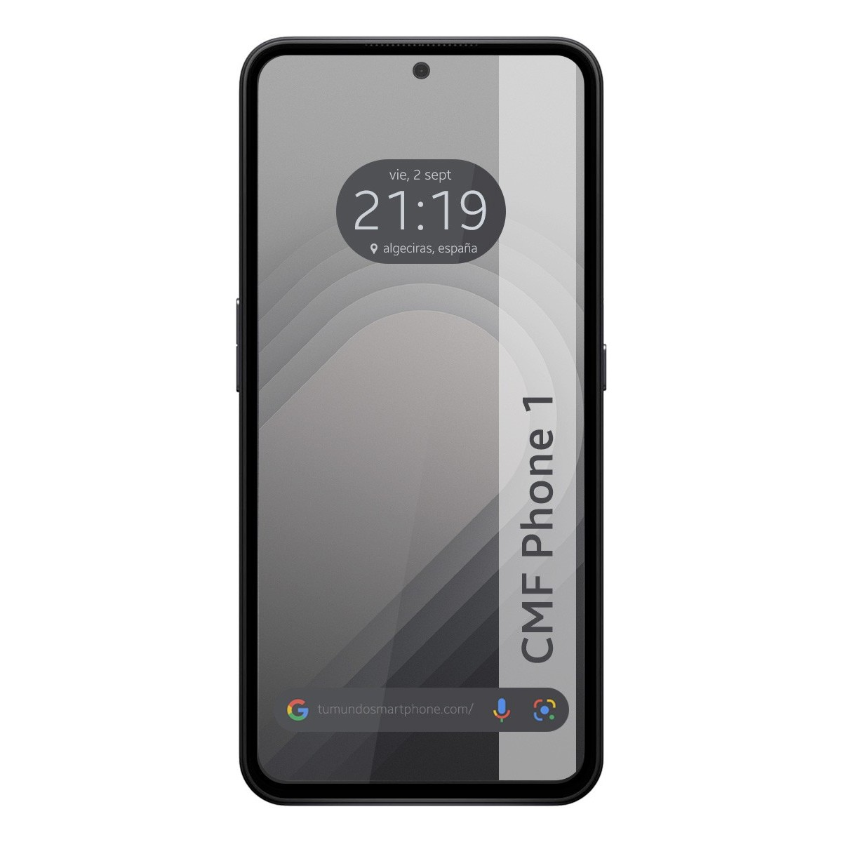 Schermo nero del telefono con 21:19 e 'CMF Phone 1' scritto verticalmente.