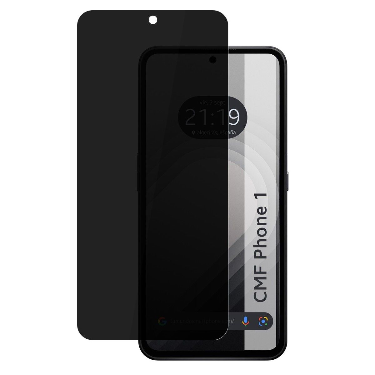 Un telefono con protezione schermo. Lo schermo mostra l'ora e il testo 'CMF Phone 1'.