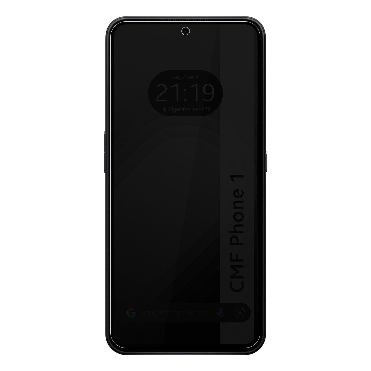 Lo schermo del telefono nero mostra ora, data e posizione. Il telefono ha CMF Phone 1 scritto sopra.