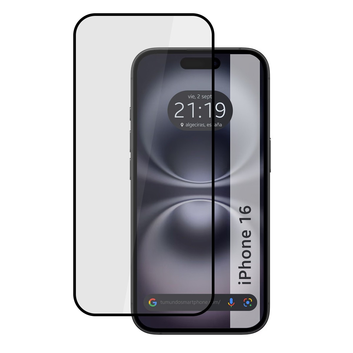 iPhone 16 con protector de pantalla. La pantalla muestra la hora y la ubicación.