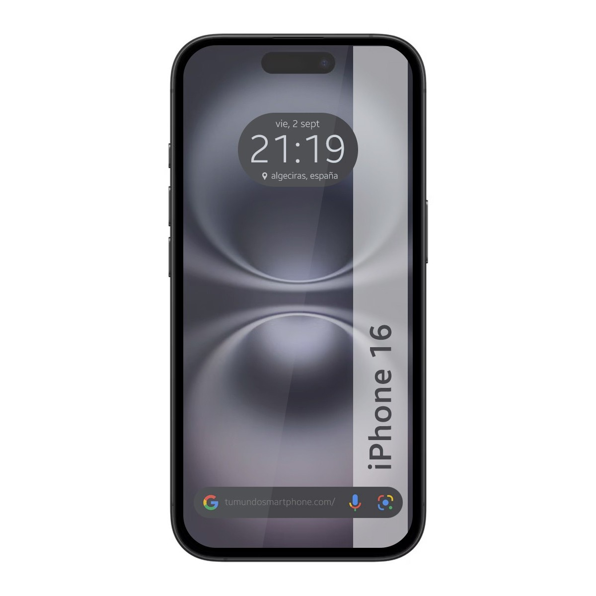 iPhone 16 con hora en pantalla, la hora es 21:19.