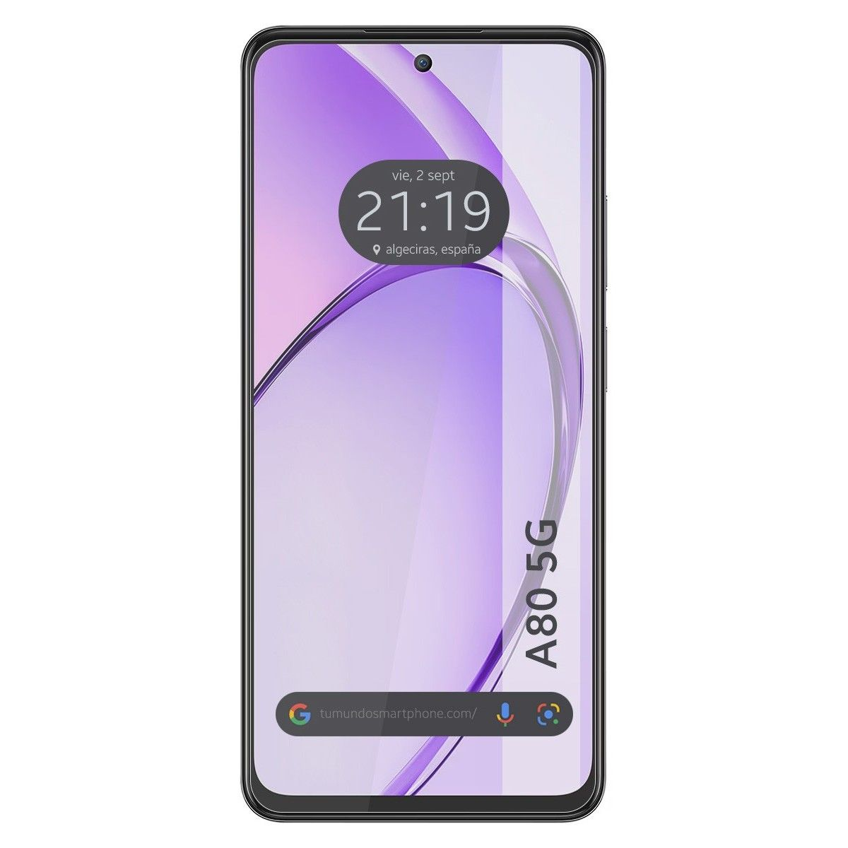 Smartphone che mostra l'ora e la posizione, con testo A80 5G sul lato.
