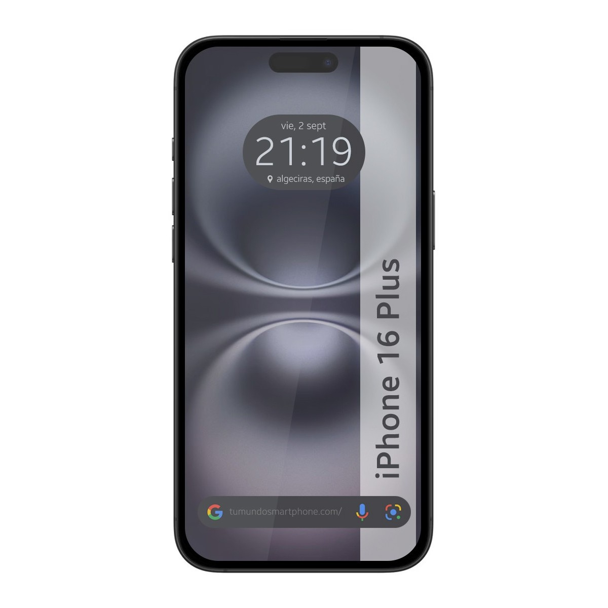 Telefono nero con una striscia bianca laterale con testo.