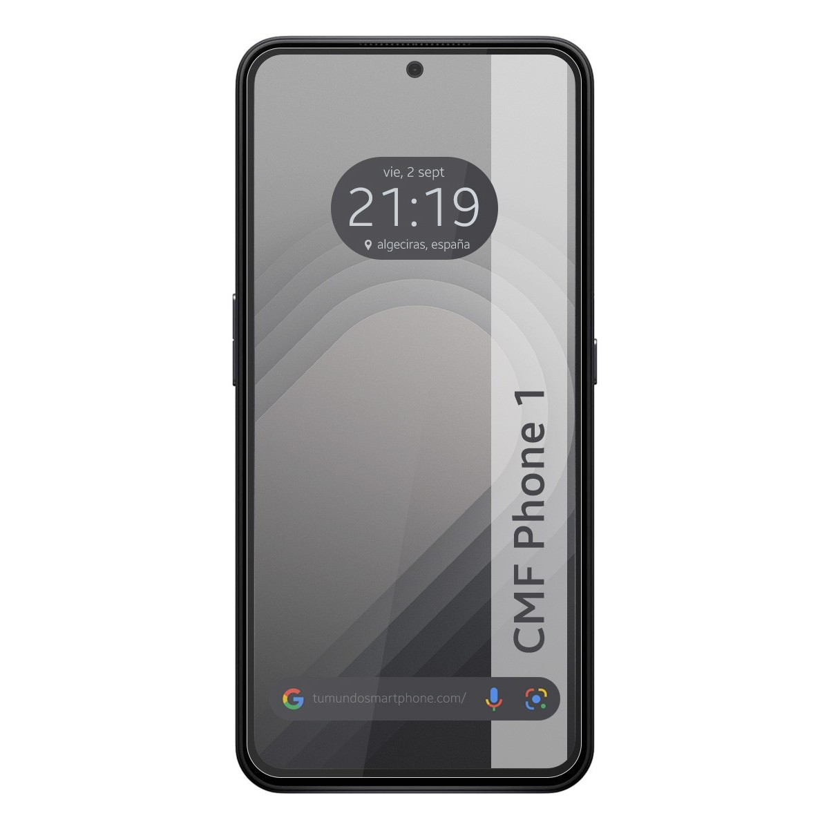 Un telefono con schermo grigio che mostra l'ora e le parole "CMF Phone 1".