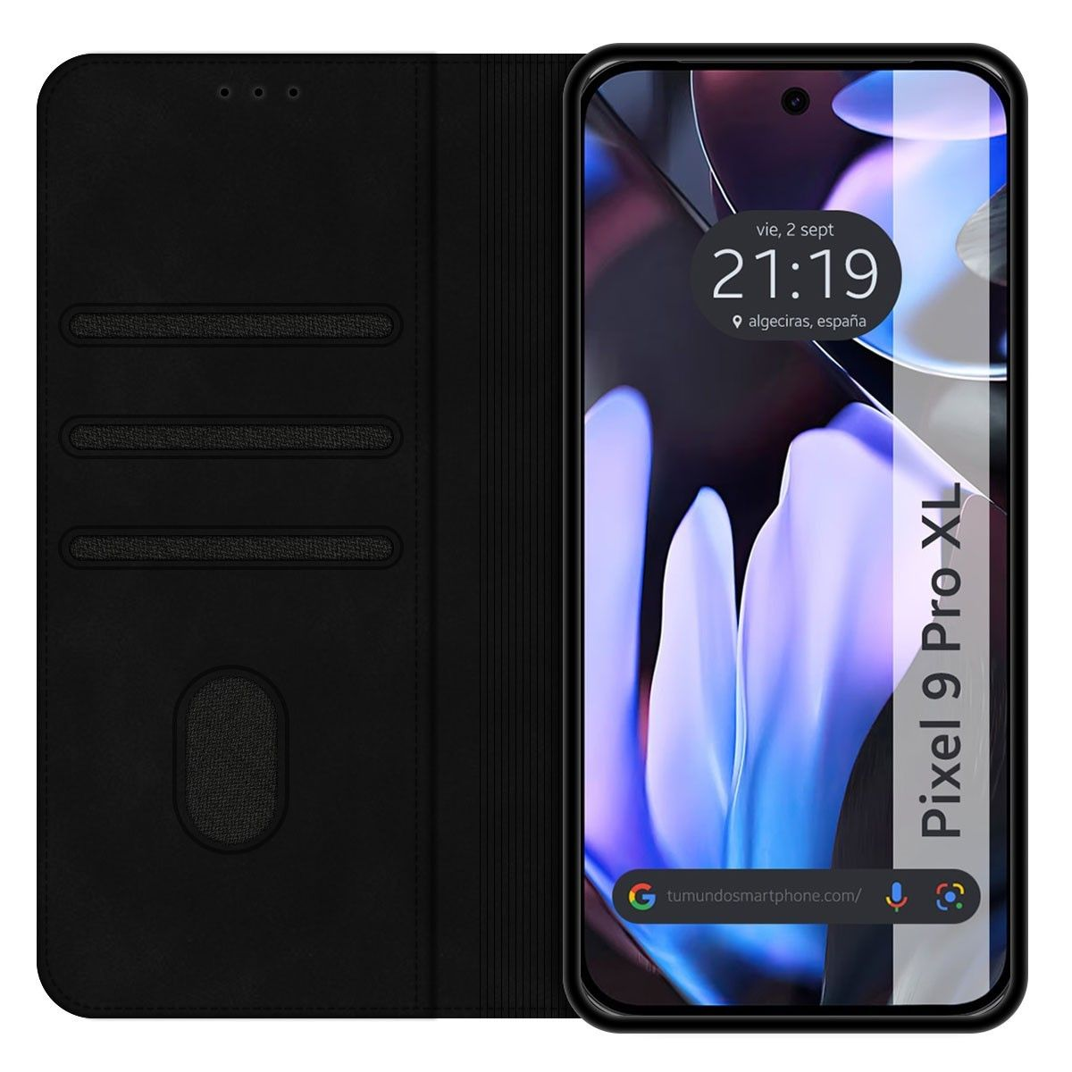 Custodia: Folio in pelle nera. Telefono: Pixel 9 Pro XL, mostra l'ora.