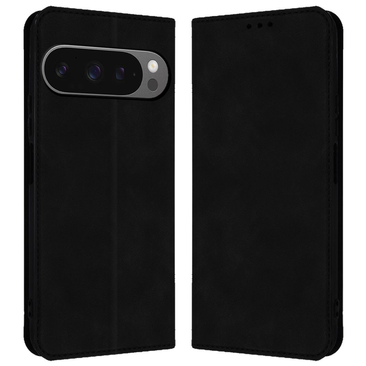 Custodia per telefono nera, aperta, che mostra l'area della fotocamera del telefono, sfondo bianco.